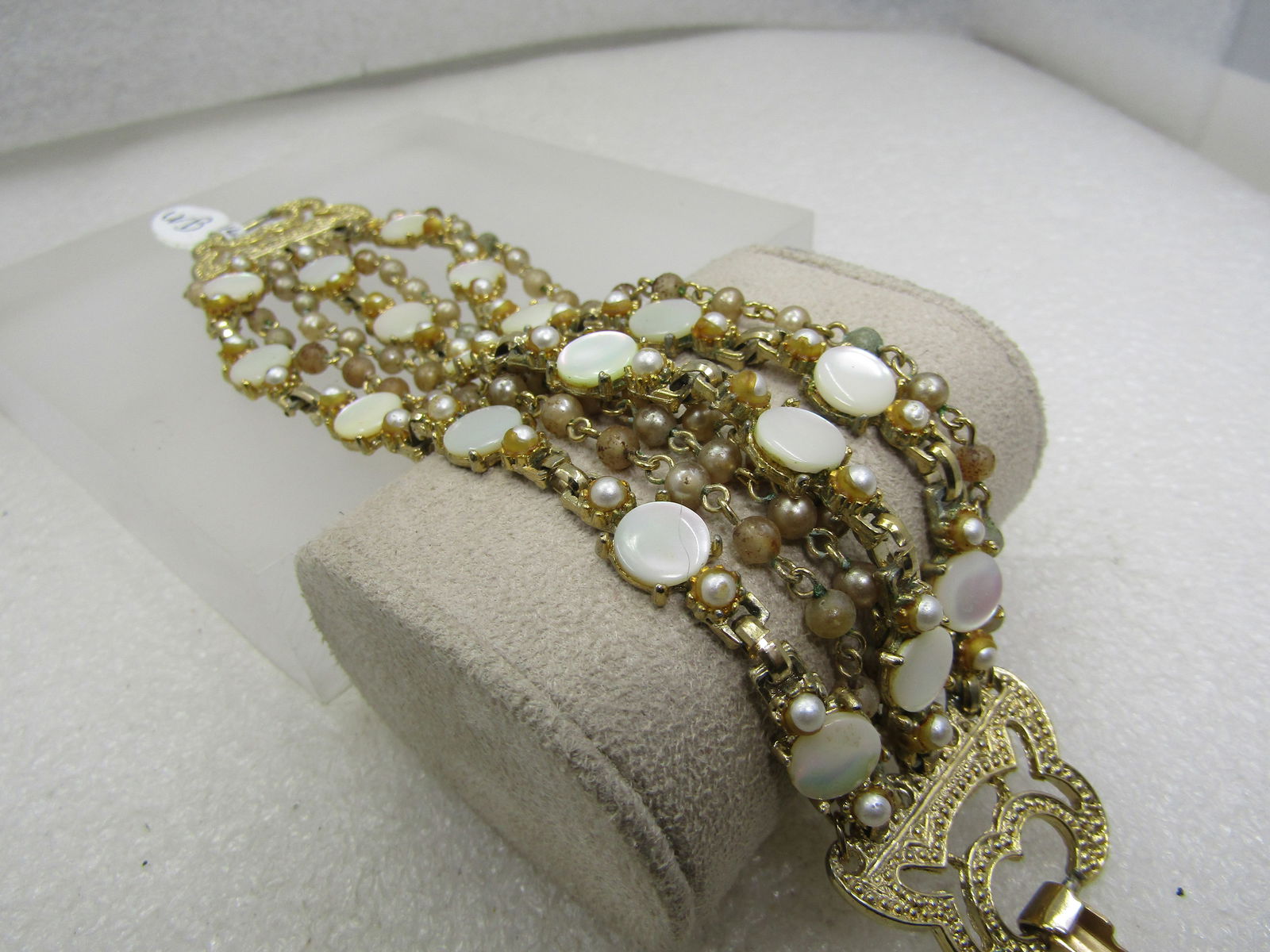 Vintage 7 Strand Mother-of-Pearl Bracelet, Gold Tone, 7" - 3