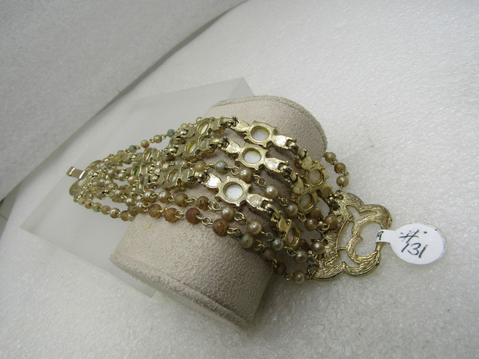 Vintage 7 Strand Mother-of-Pearl Bracelet, Gold Tone, 7" - 4