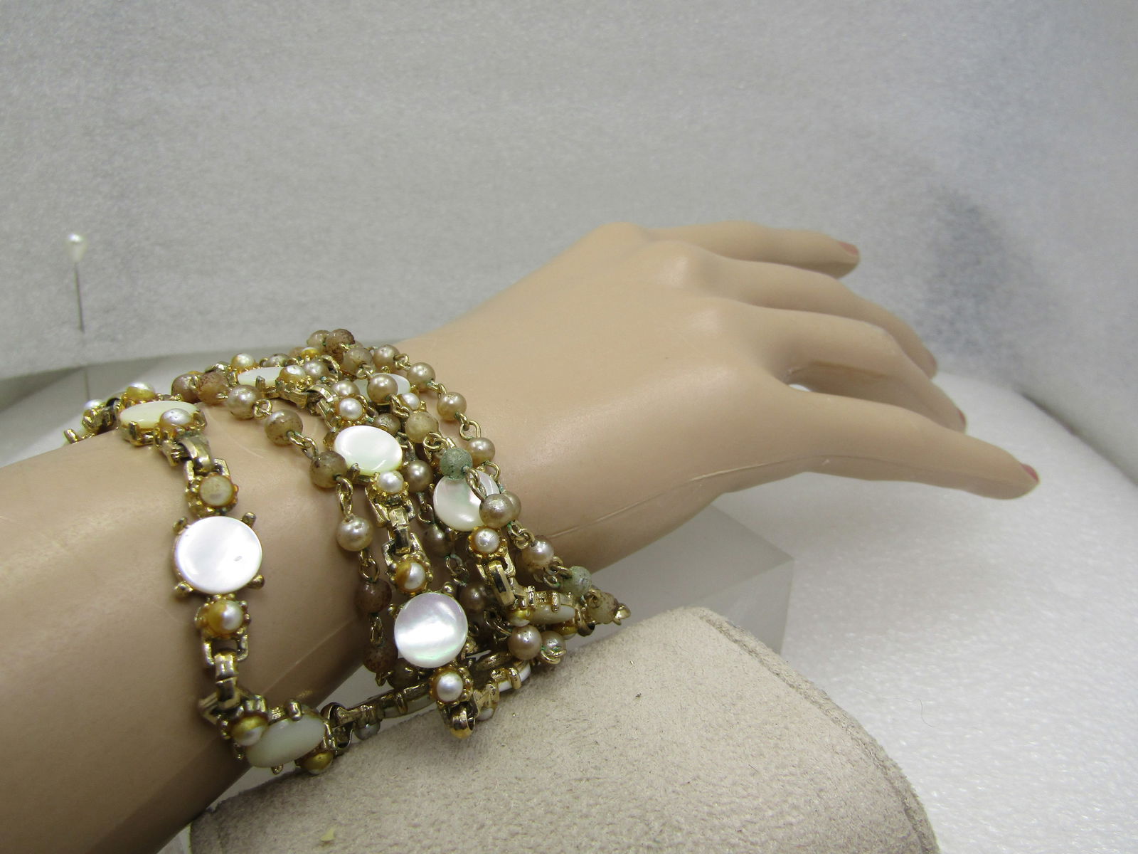 Vintage 7 Strand Mother-of-Pearl Bracelet, Gold Tone, 7" - 5