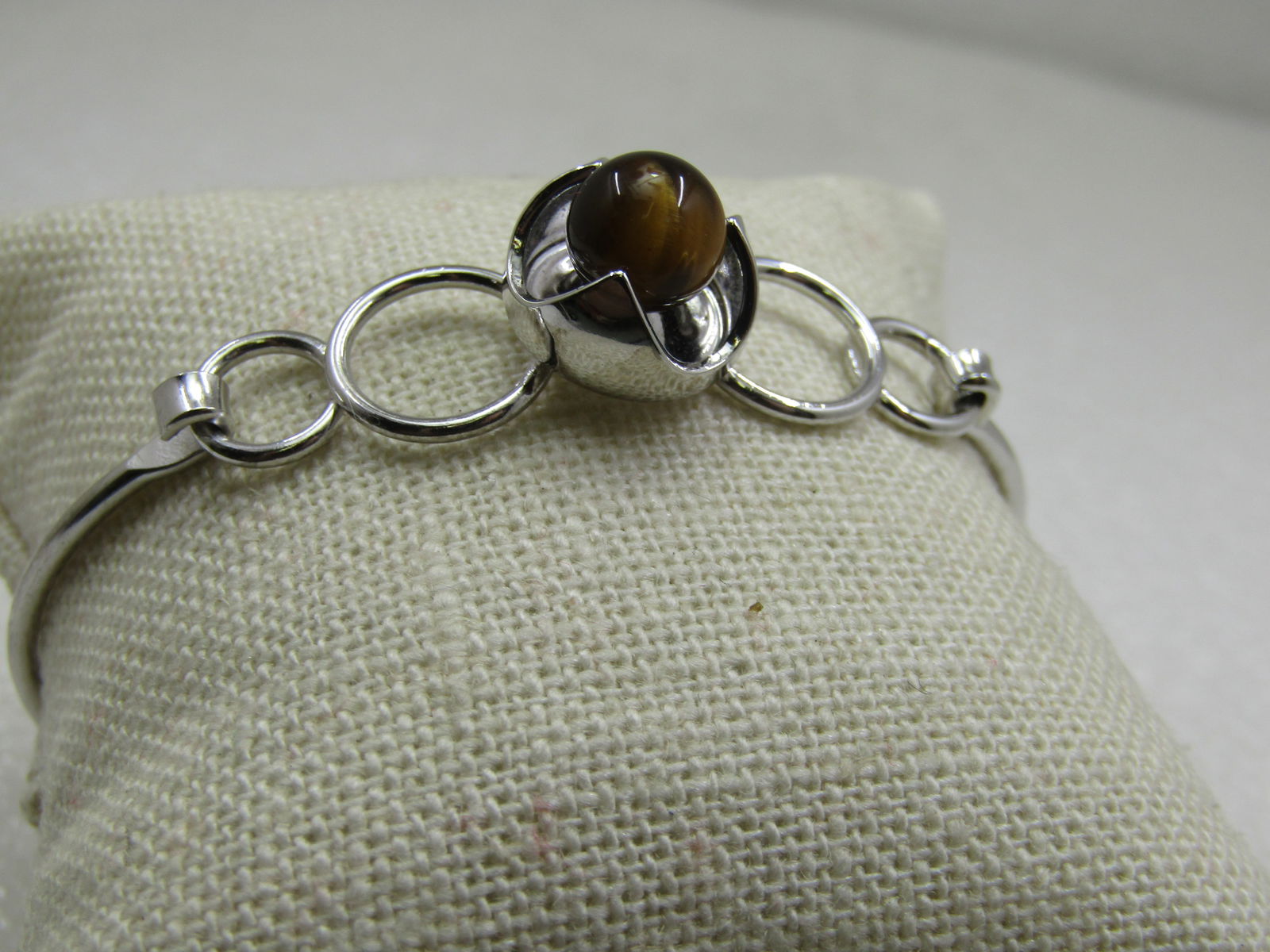 Sterling Silver Tiger's Eye Bangle Bracelet, 7", Top Clasp - 2
