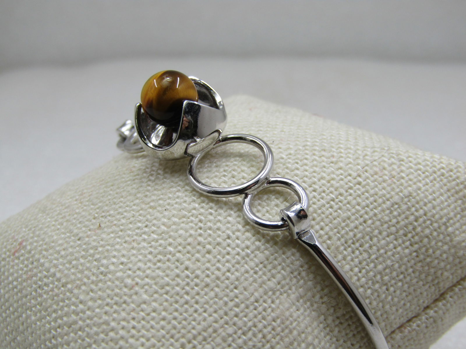 Sterling Silver Tiger's Eye Bangle Bracelet, 7", Top Clasp - 3