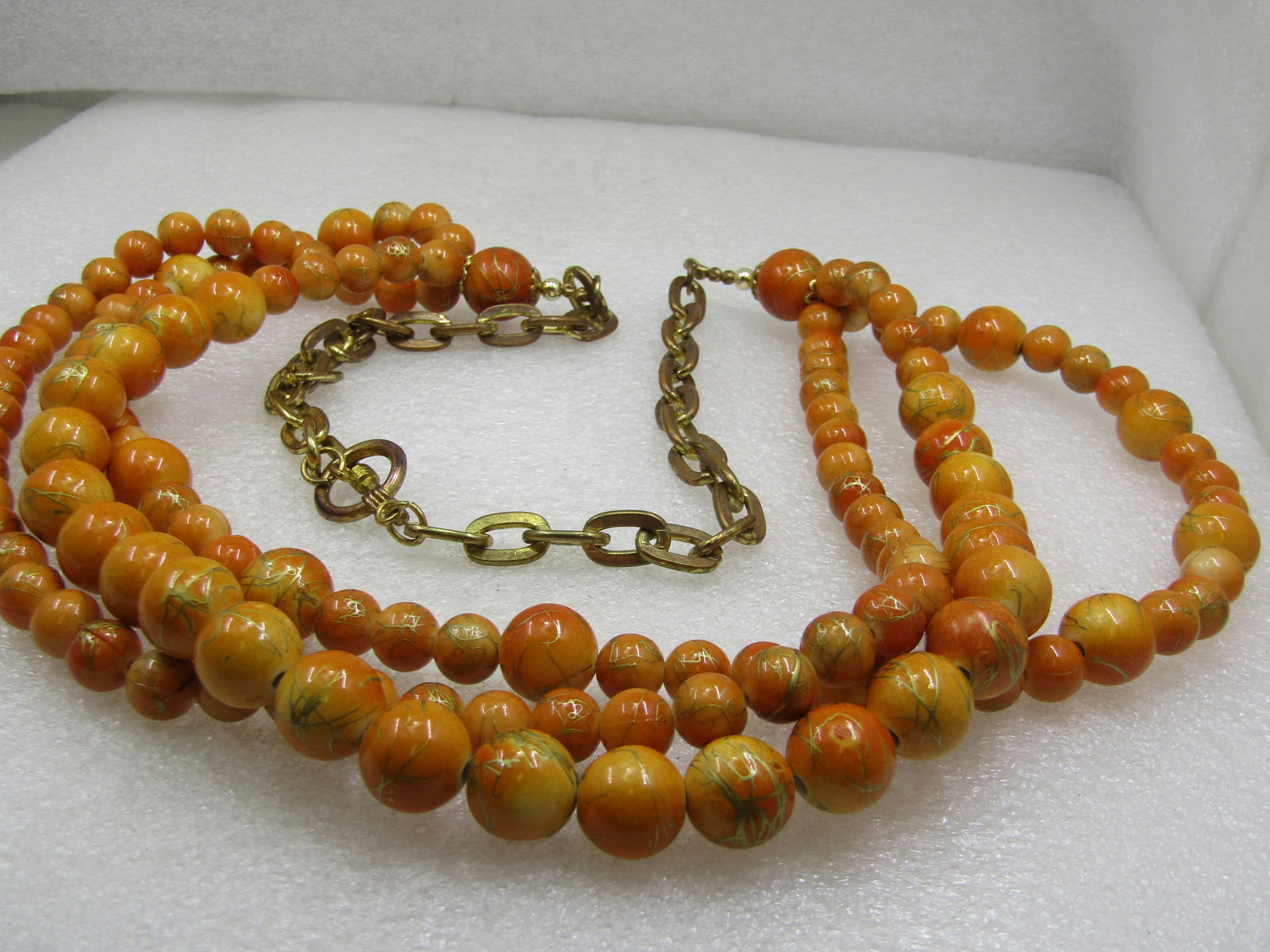 Vintage Graduated Orange and Gold Thread Necklace, 32" Multi-Strand - 2