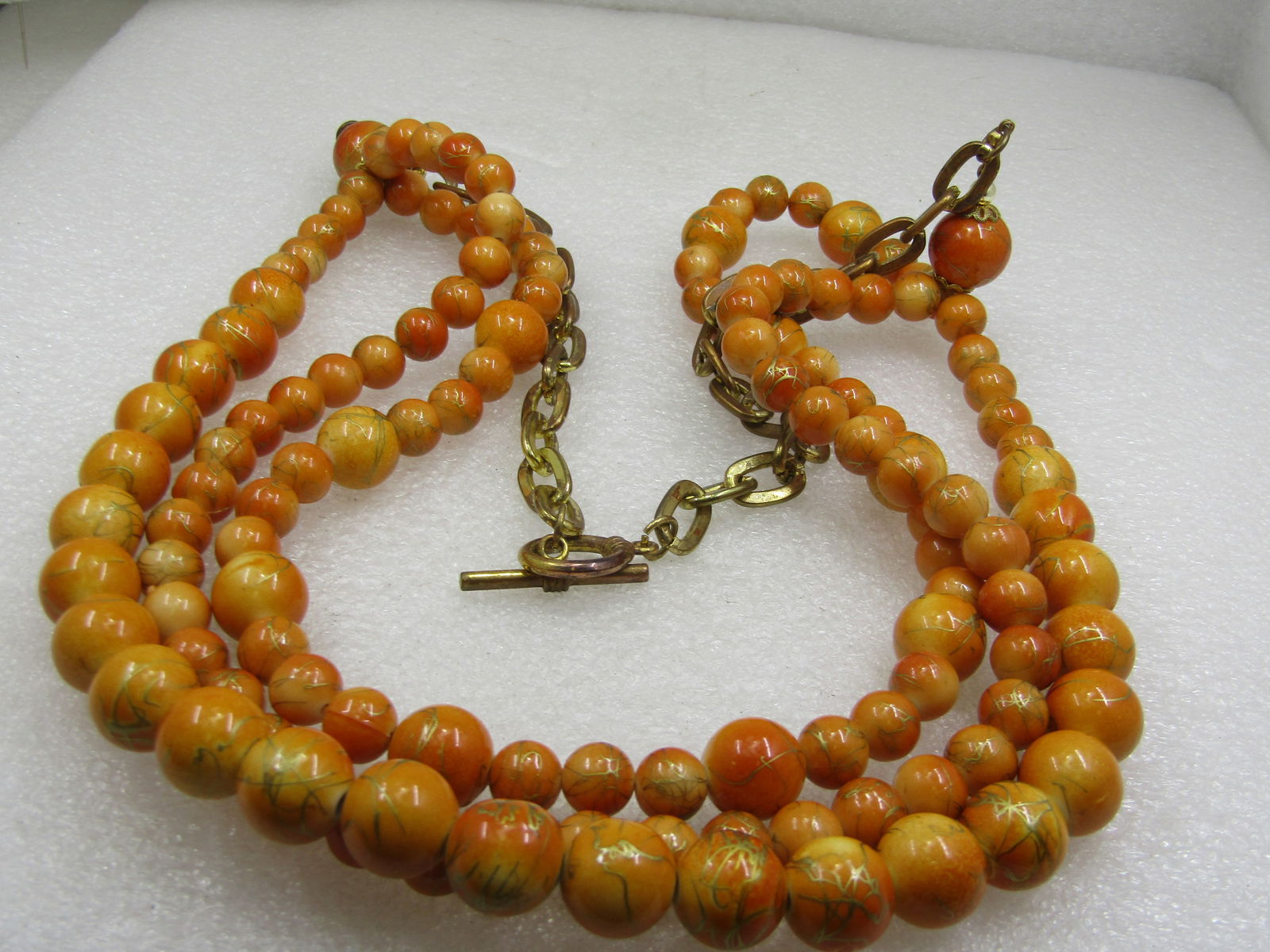 Vintage Graduated Orange and Gold Thread Necklace, 32" Multi-Strand - 3