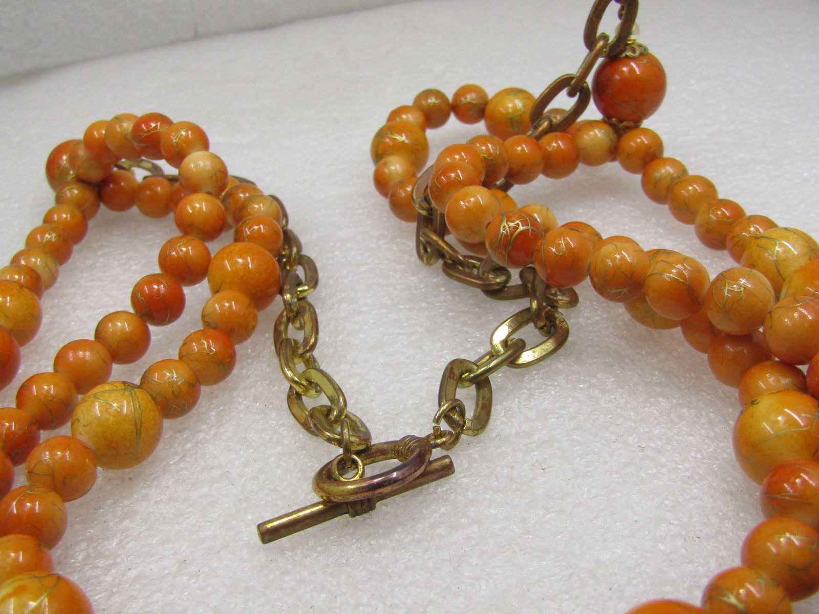 Vintage Graduated Orange and Gold Thread Necklace, 32" Multi-Strand - 4