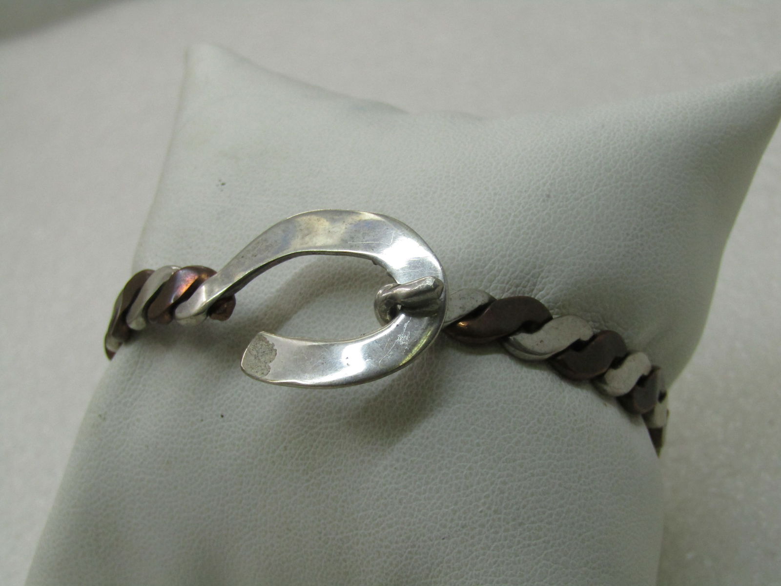 Vintage Sterling & Copper Bangle Bracelet, 7.5", Hook buckle clasp. - 2