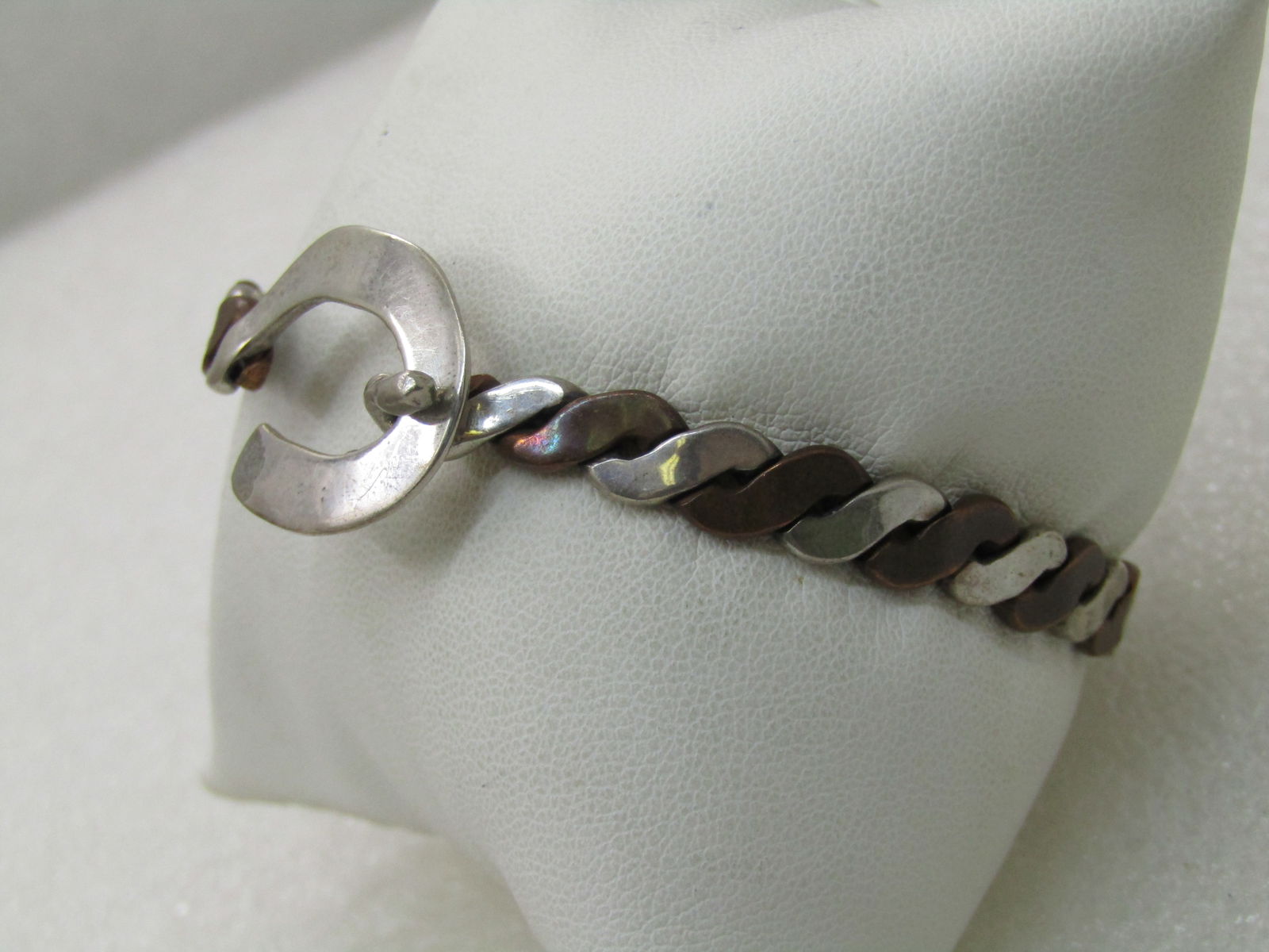 Vintage Sterling & Copper Bangle Bracelet, 7.5", Hook buckle clasp. - 3