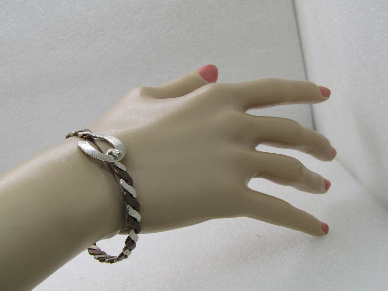 Vintage Sterling & Copper Bangle Bracelet, 7.5", Hook buckle clasp. - 6