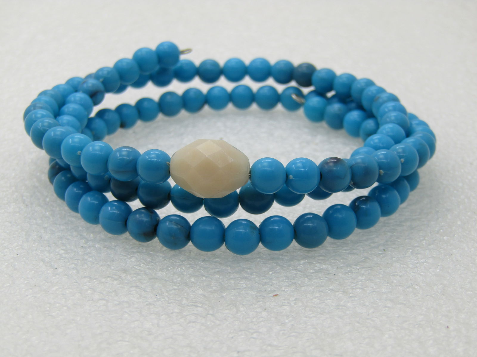 Vintage Turquoise Blue & White Beaded Coiled Bracelet, 7.75" - 2