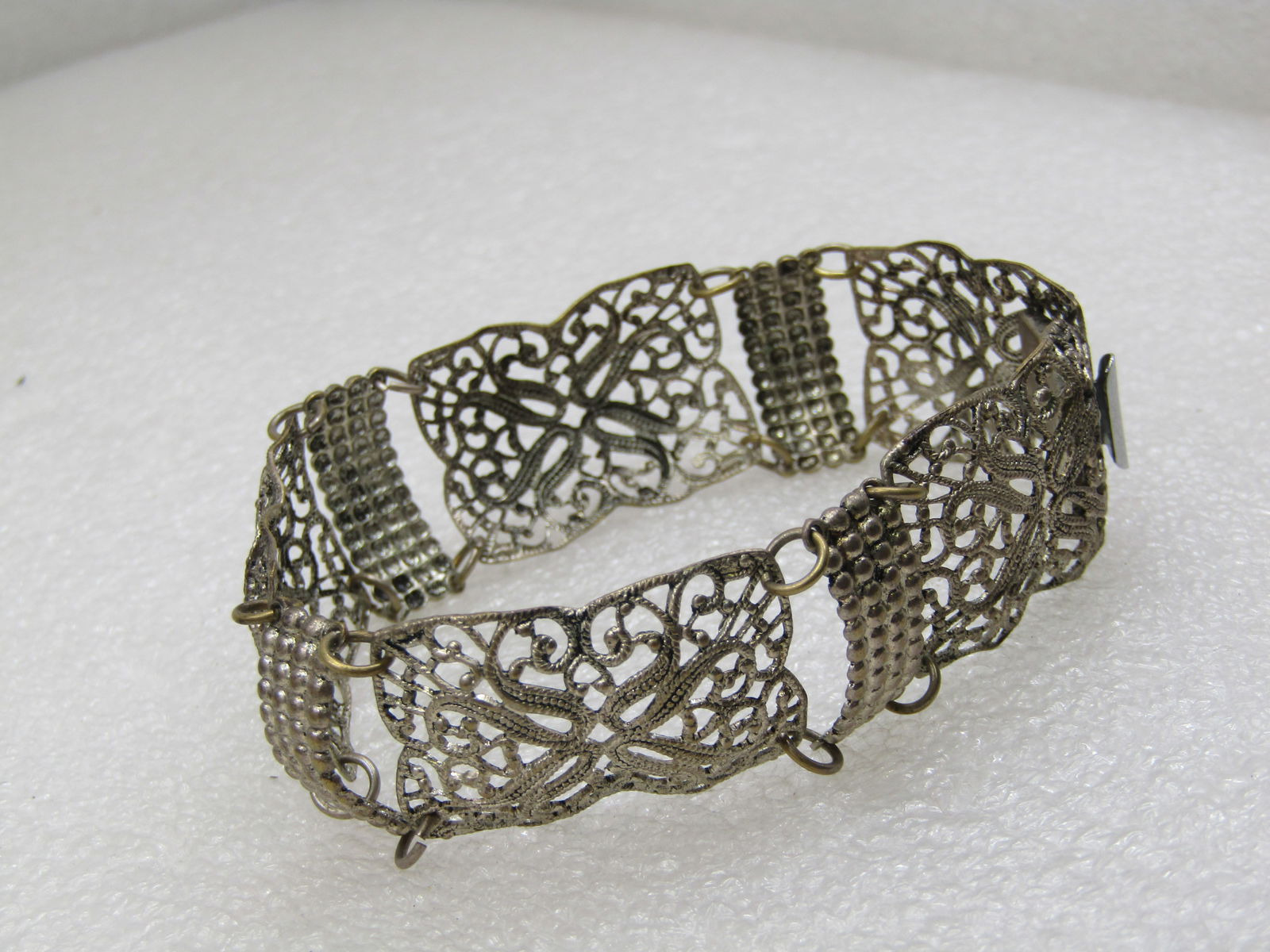 Vintage Silver Tone Filigree Wide Bracelet, 8", 1930's - 2