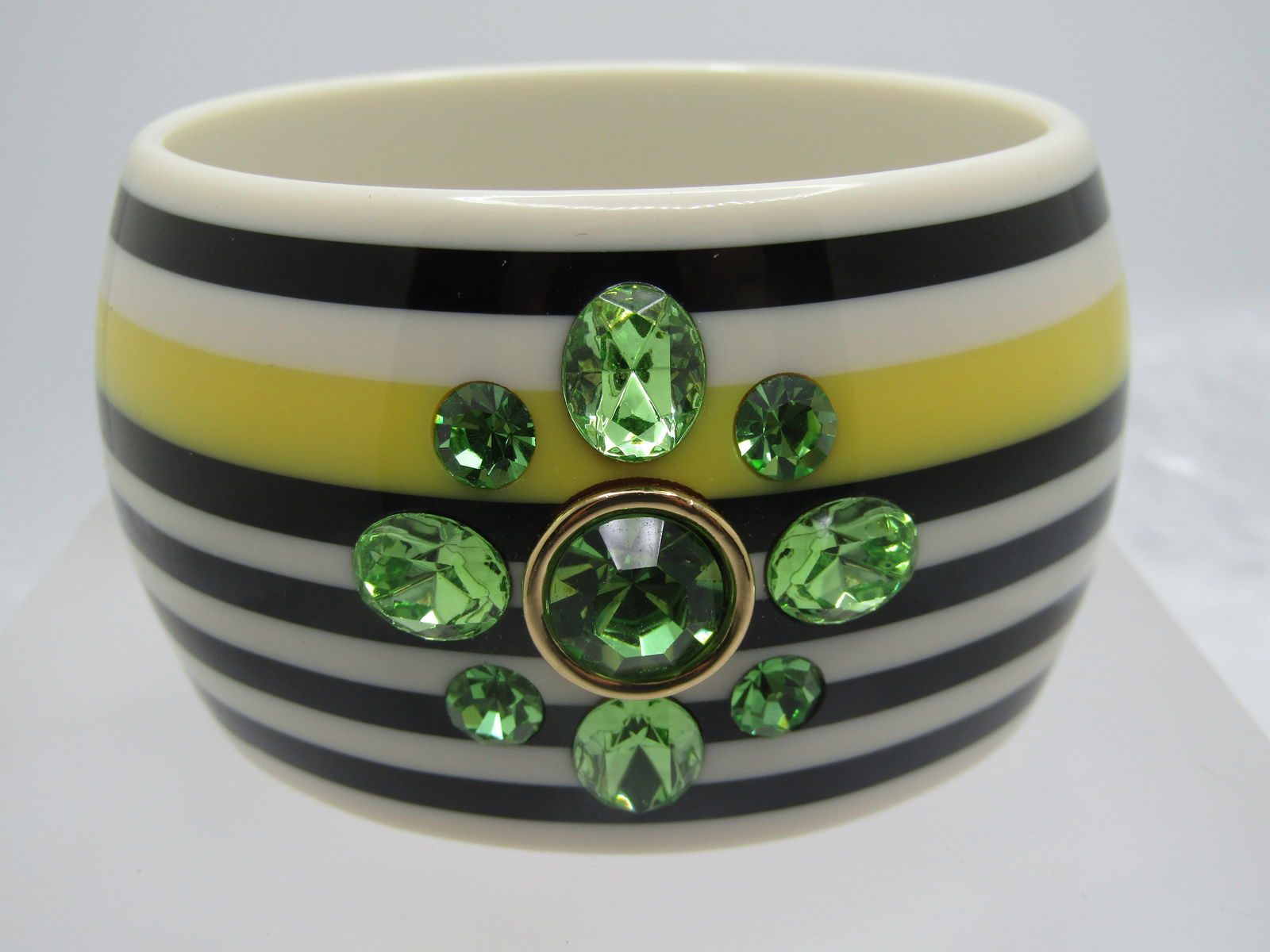 Juicy Couture Bangle Bracelet, Black/Yellow Striped, Green Rhinestones, 7.25" - 2