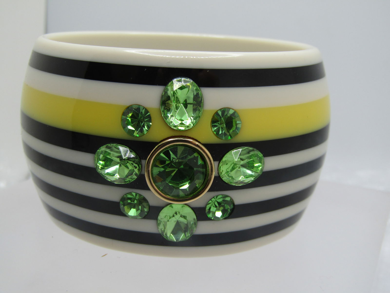 Juicy Couture Bangle Bracelet, Black/Yellow Striped, Green Rhinestones, 7.25" - 3