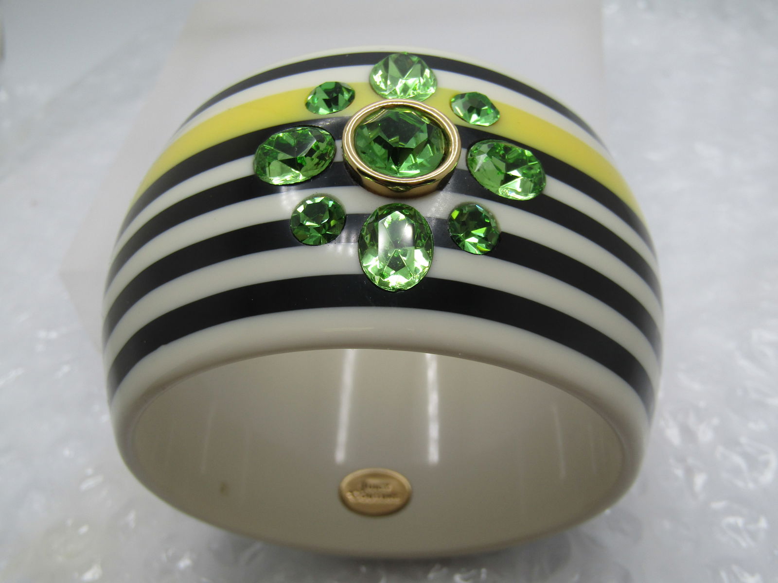 Juicy Couture Bangle Bracelet, Black/Yellow Striped, Green Rhinestones, 7.25" - 5