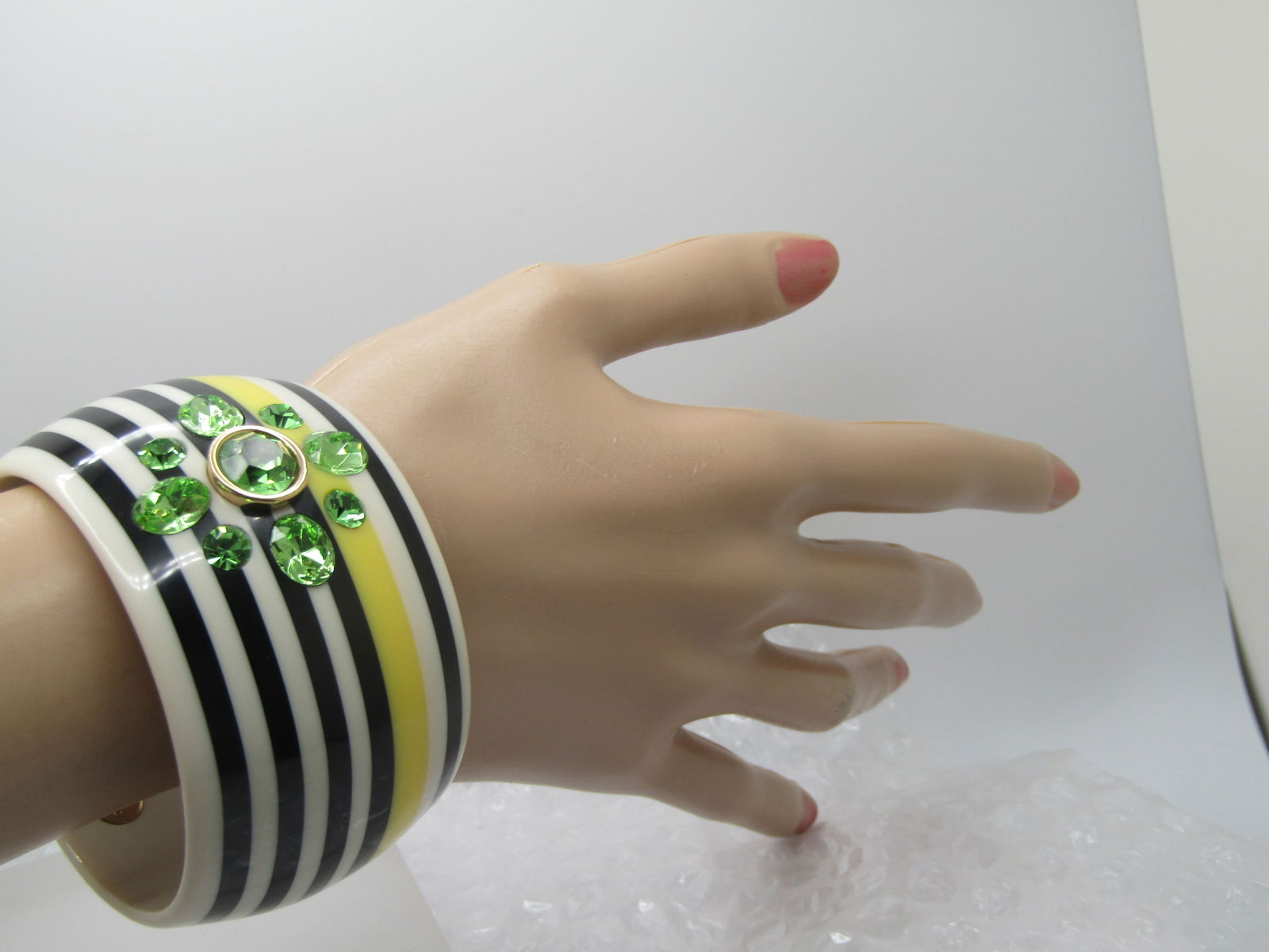 Juicy Couture Bangle Bracelet, Black/Yellow Striped, Green Rhinestones, 7.25" - 6