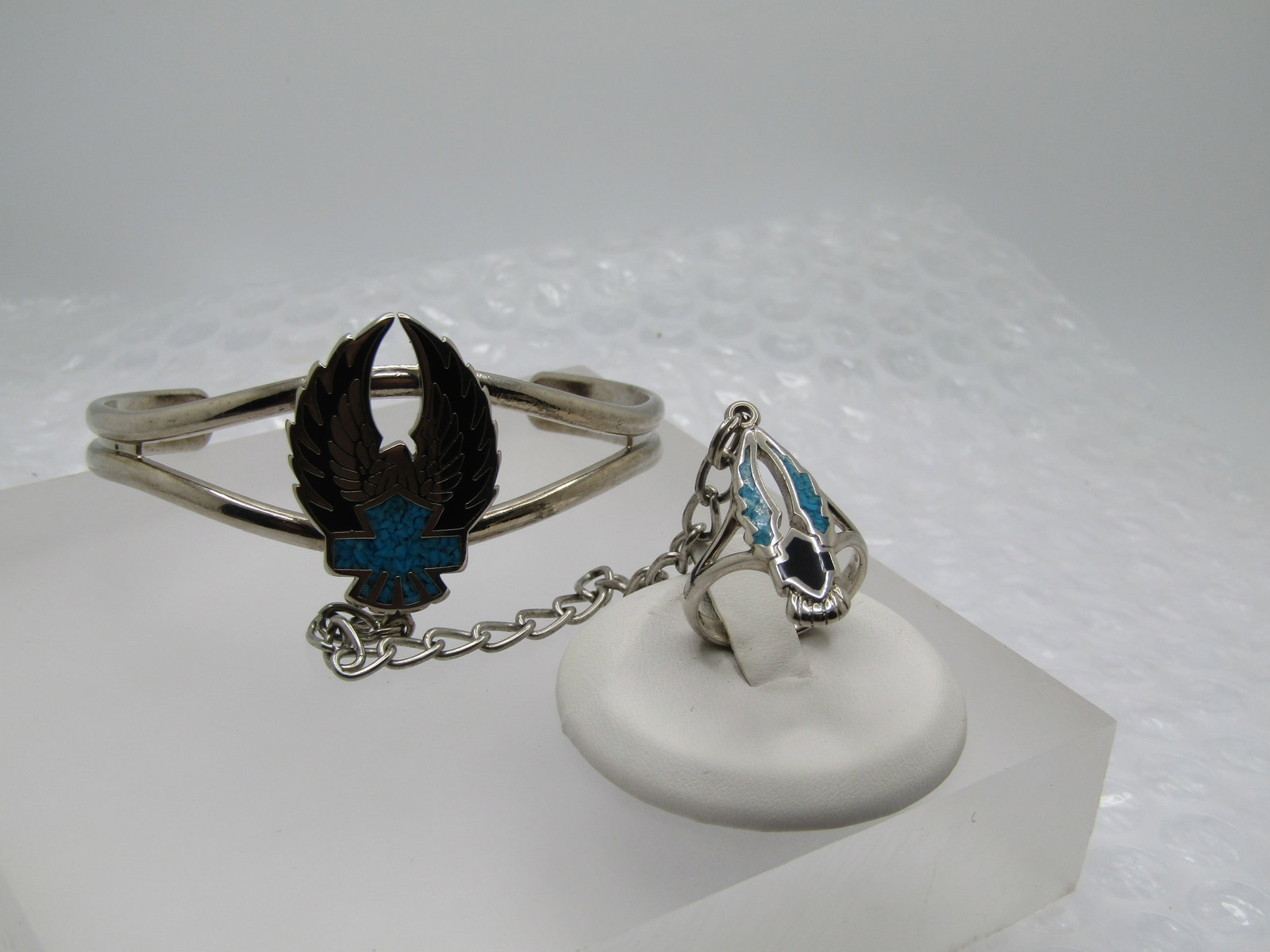 Vintage Enameled & Turquoise Chip Biker Bracelet with Attached Ring, t is 7".Ring is Sz. 7 - 3
