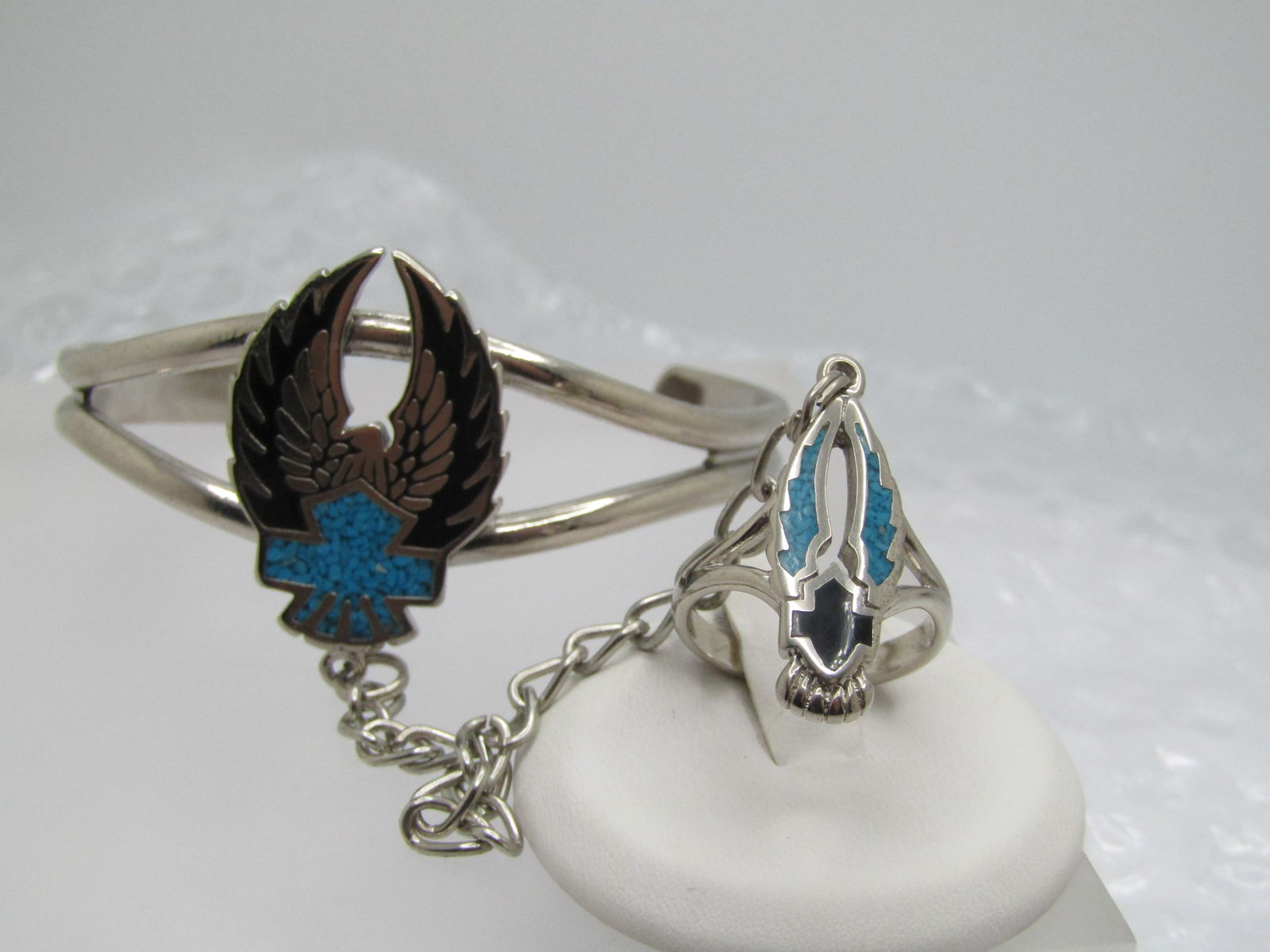 Vintage Enameled & Turquoise Chip Biker Bracelet with Attached Ring, 7" and Sz. 5.75 - 2