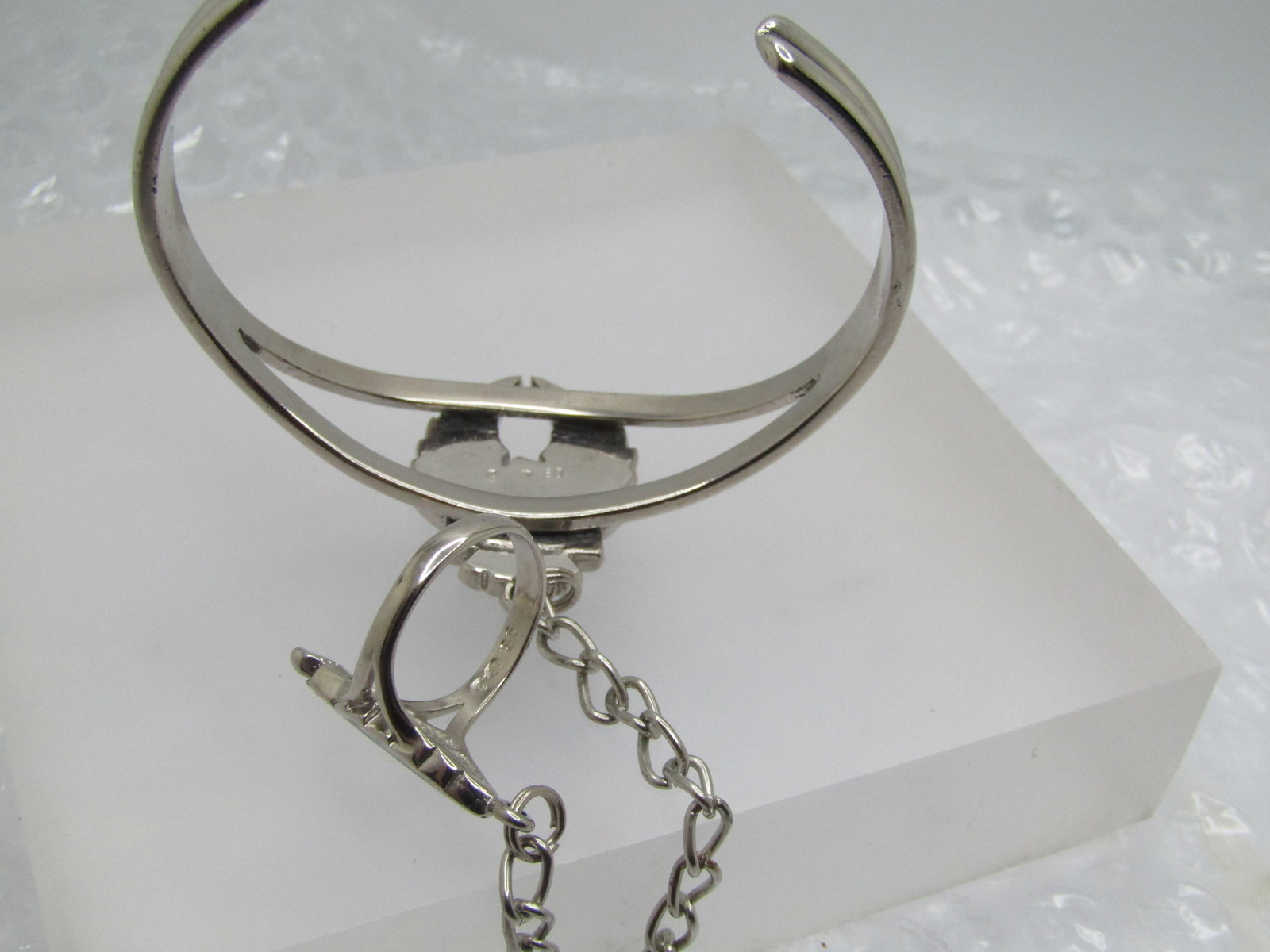 Vintage Enameled & Turquoise Chip Biker Bracelet with Attached Ring, 7" and Sz. 5.75 - 5