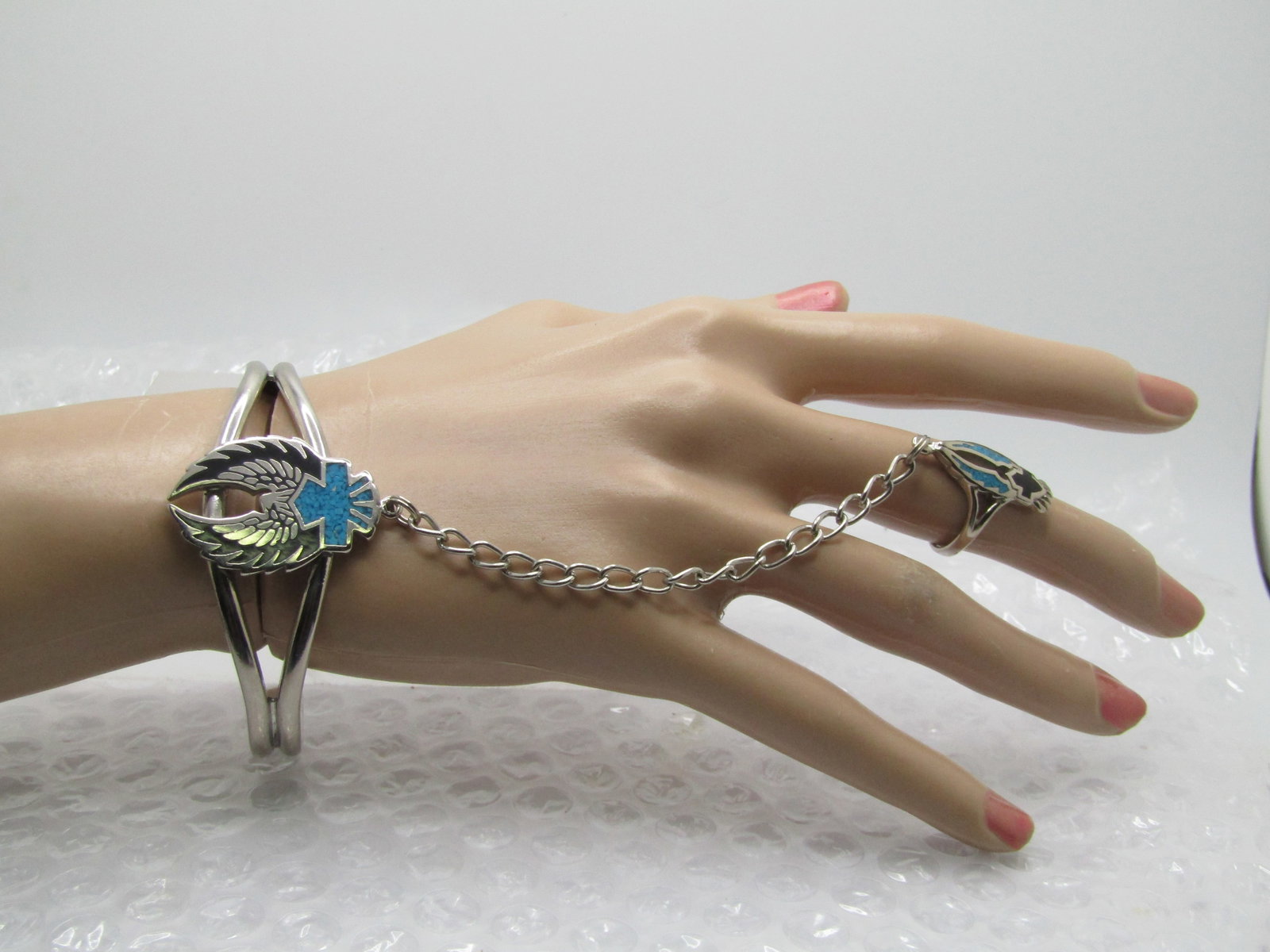 Vintage Enameled & Turquoise Chip Biker Bracelet with Attached Ring, 7" and Sz. 5.75 - 6