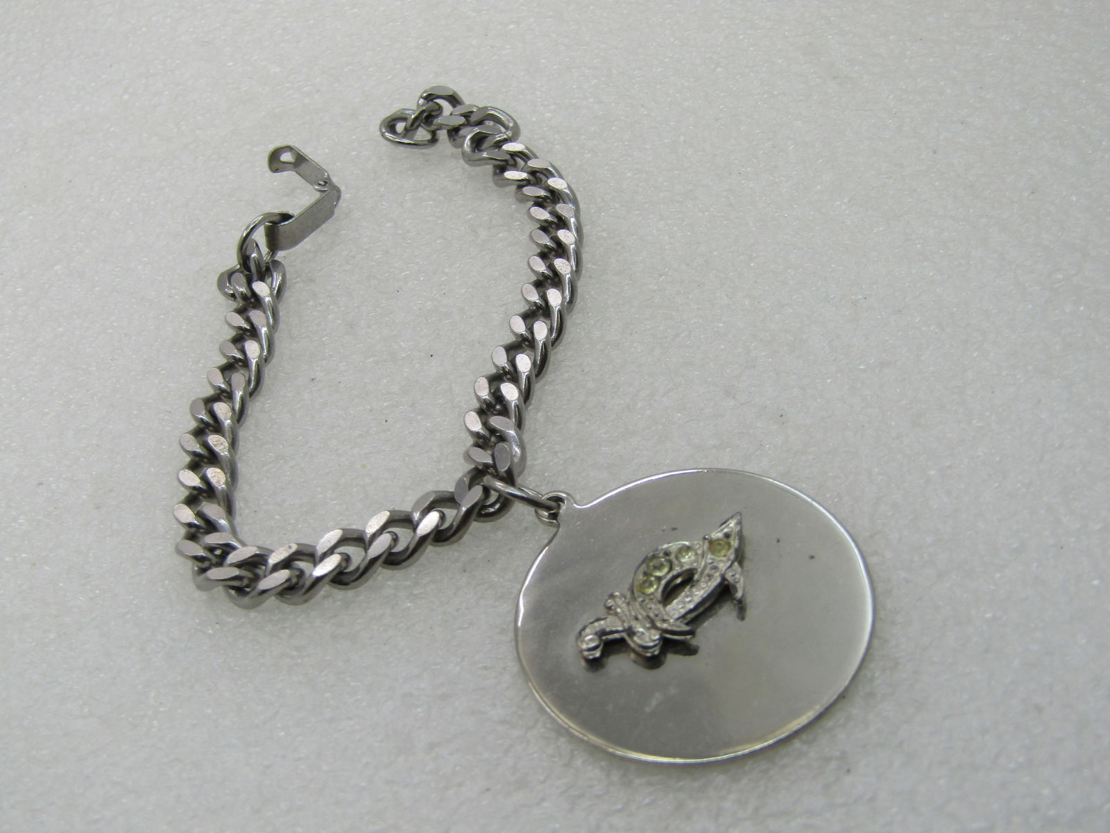 Vintage Shriner's Rhinestone Saber Charm Bracelet, 7", Stainless - 3