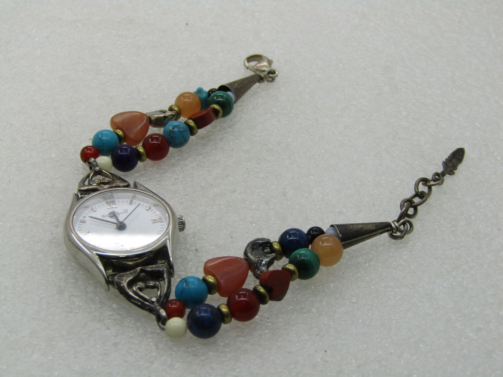 Southwestern Sterling Silver Moon Ladies Watch with Double Strand Stone Beaded Bracelet Band, 7.5": Southwestern Sterling Silver Moon Ladies Watch with Double Strand Stone Beaded Bracelet Band, 7.5", signed JD and marked sterling on the end cones The watch is a Silver Moon Quartz watch, Roman Numera