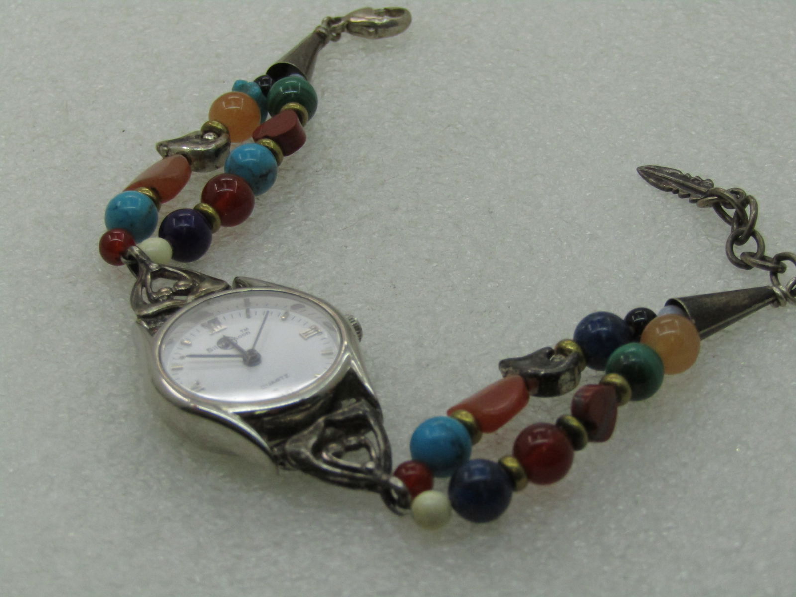Southwestern Sterling Silver Moon Ladies Watch with Double Strand Stone Beaded Bracelet Band, 7.5" - 5
