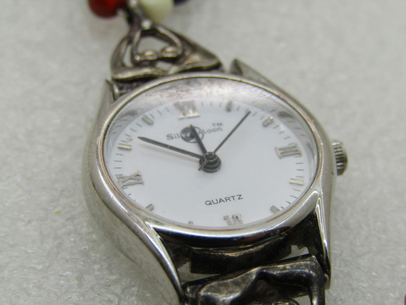 Southwestern Sterling Silver Moon Ladies Watch with Double Strand Stone Beaded Bracelet Band, 7.5" - 6