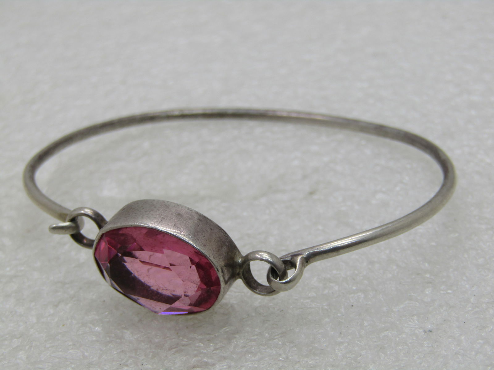 Vintage Sterling Silver Pink CZ Bangle Bracelet, Top Hook, 7", 10.25 grams, 1960's - 2