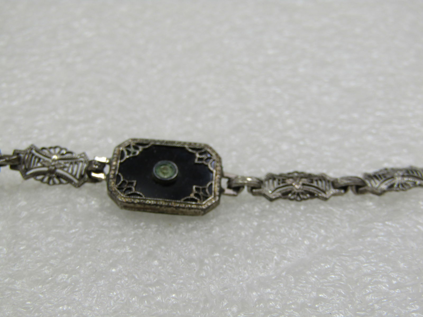Vintage Sterling Art Deco Black Glass Filigree Bracelet, 7" - 2