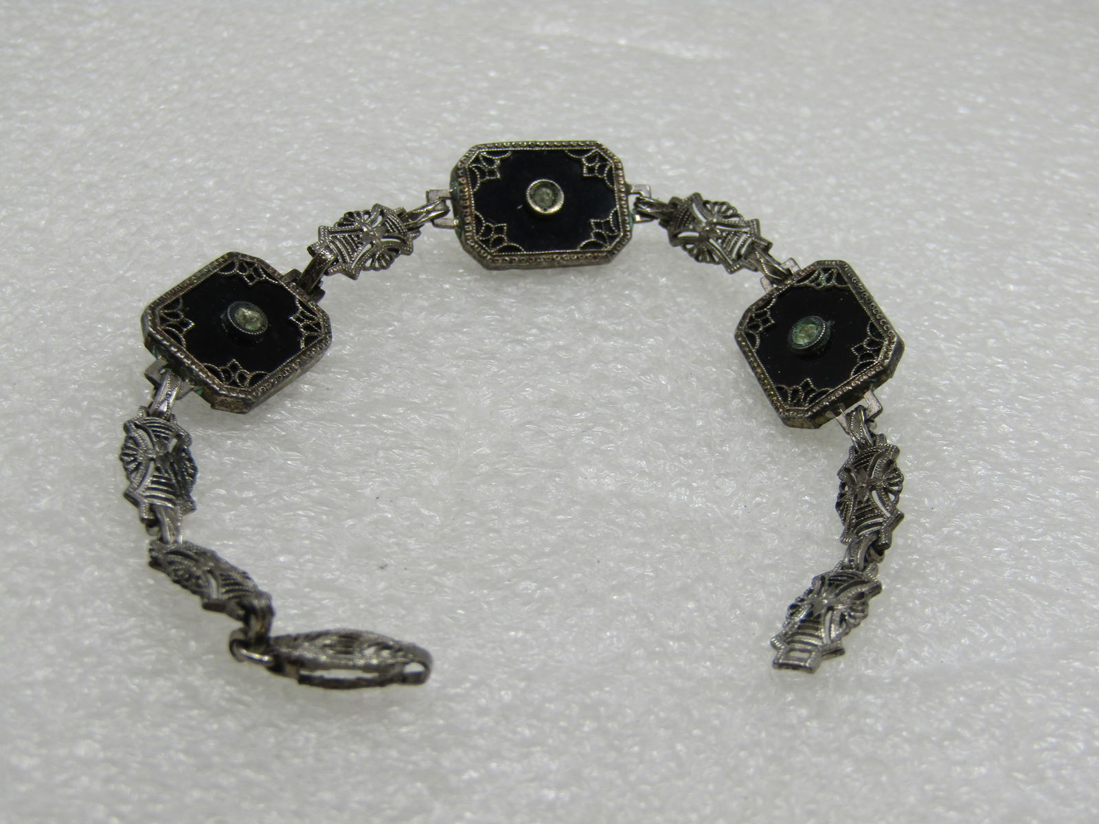 Vintage Sterling Art Deco Black Glass Filigree Bracelet, 7" - 3