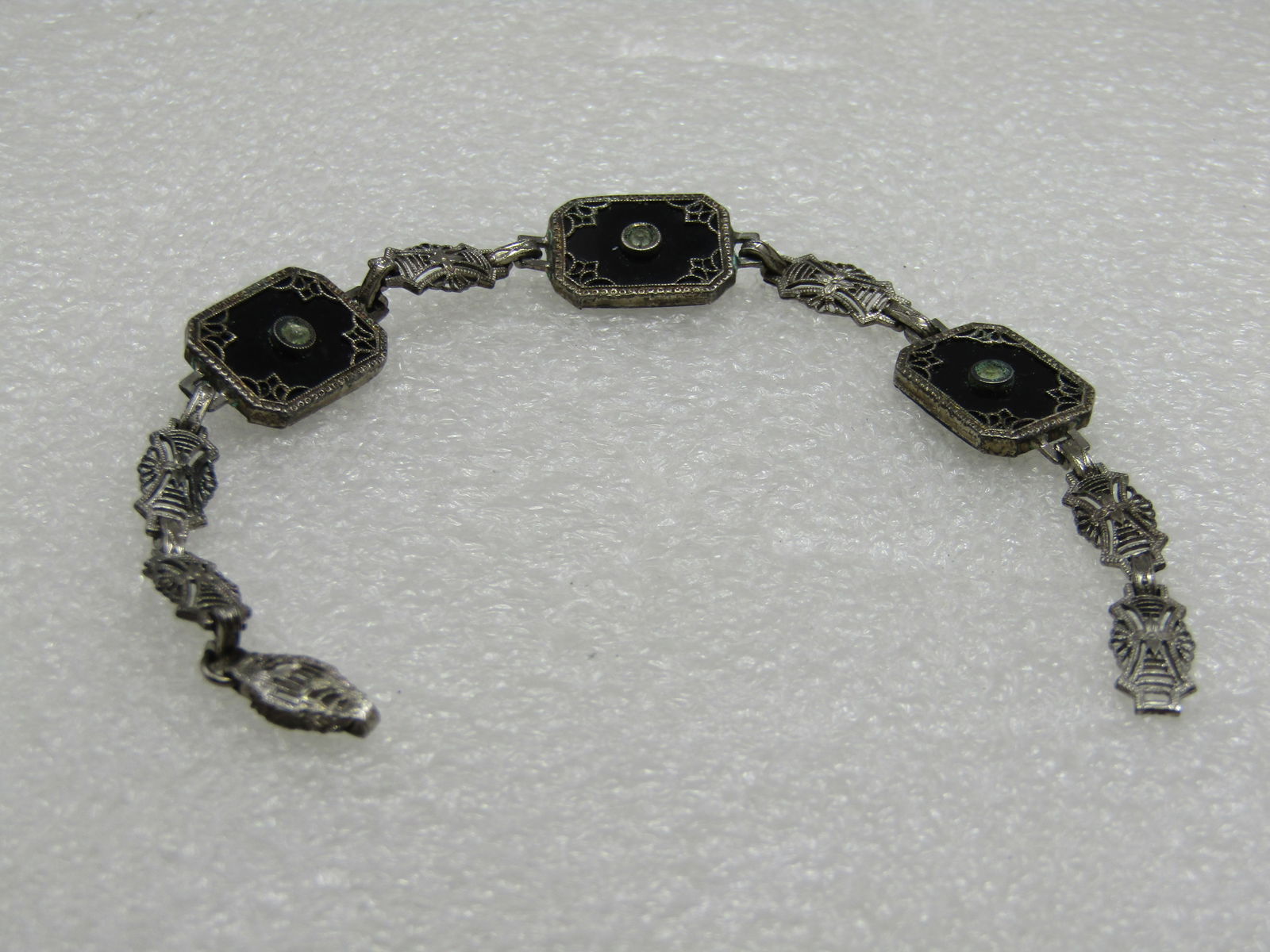 Vintage Sterling Art Deco Black Glass Filigree Bracelet, 7" - 4