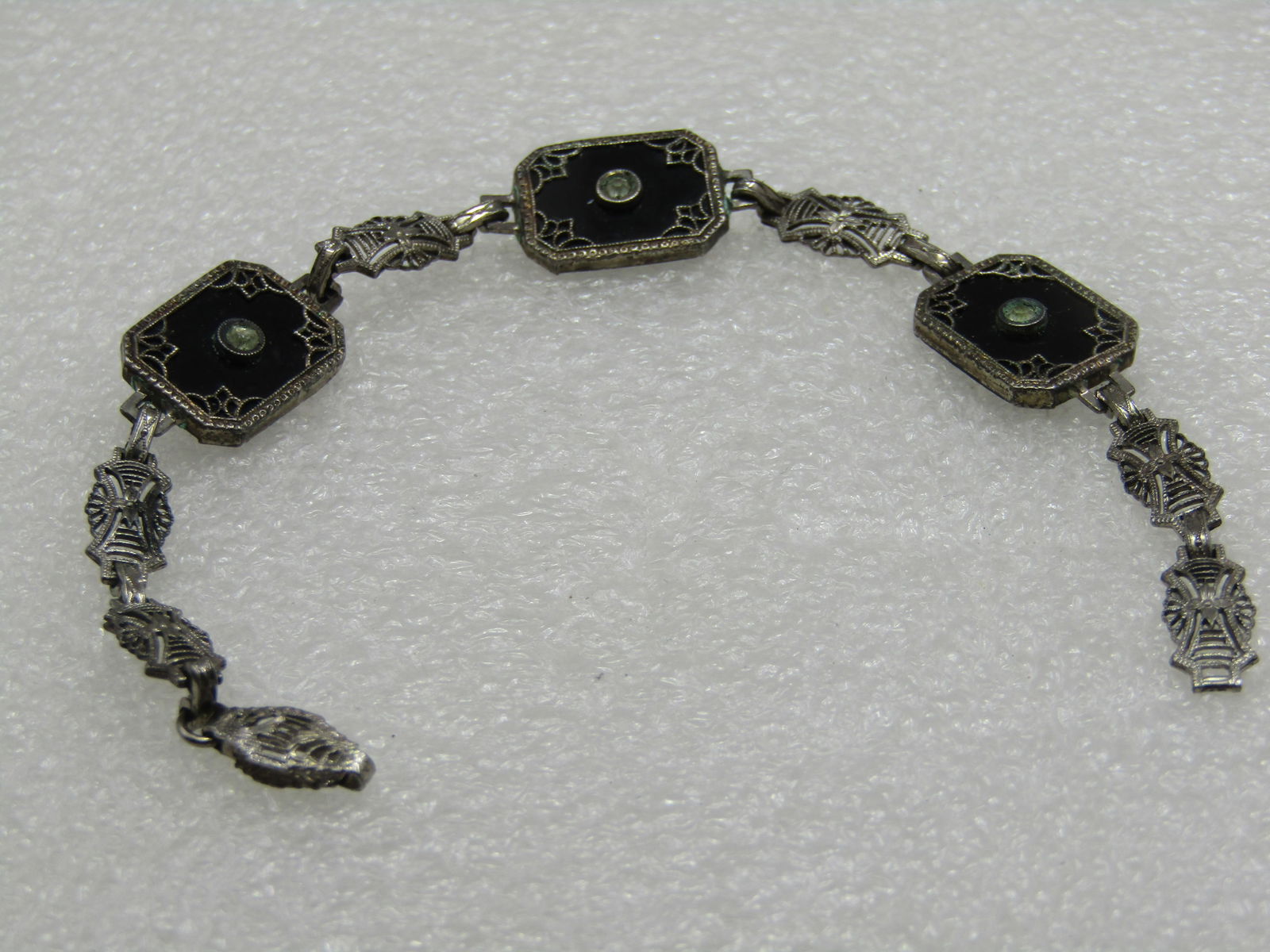 Vintage Sterling Art Deco Black Glass Filigree Bracelet, 7" - 5