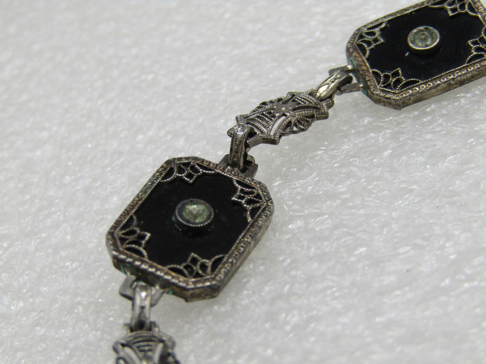 Vintage Sterling Art Deco Black Glass Filigree Bracelet, 7" - 6