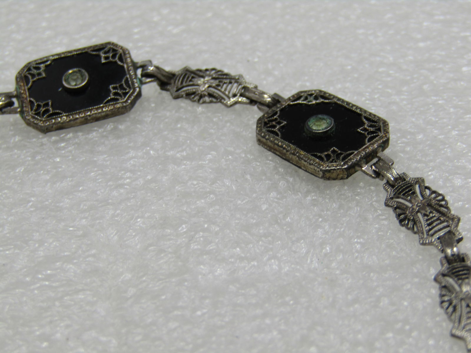 Vintage Sterling Art Deco Black Glass Filigree Bracelet, 7" - 7