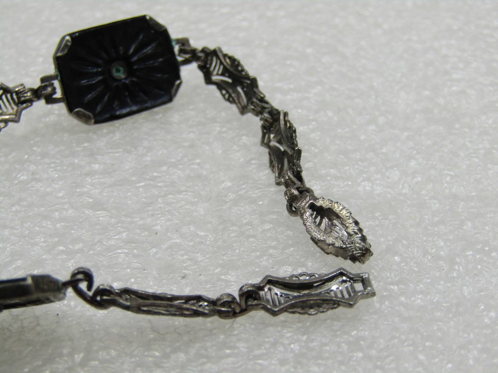 Vintage Sterling Art Deco Black Glass Filigree Bracelet, 7" - 8