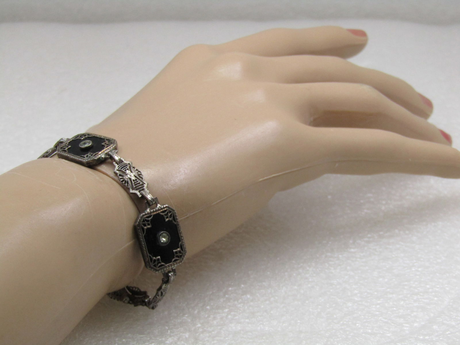 Vintage Sterling Art Deco Black Glass Filigree Bracelet, 7" - 9