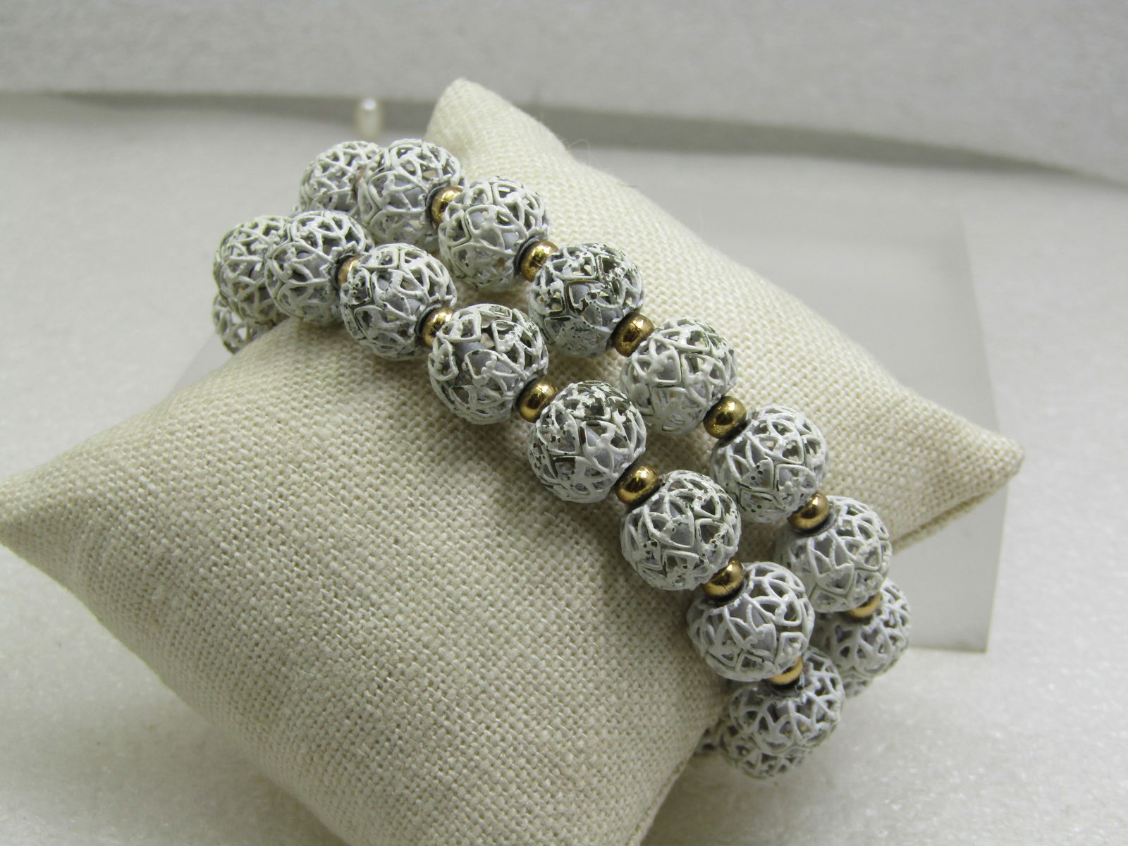 Vintage Monet White Filigree Bracelet, Beaded, Double Strand , 7.5", 1960's-1970's - 2