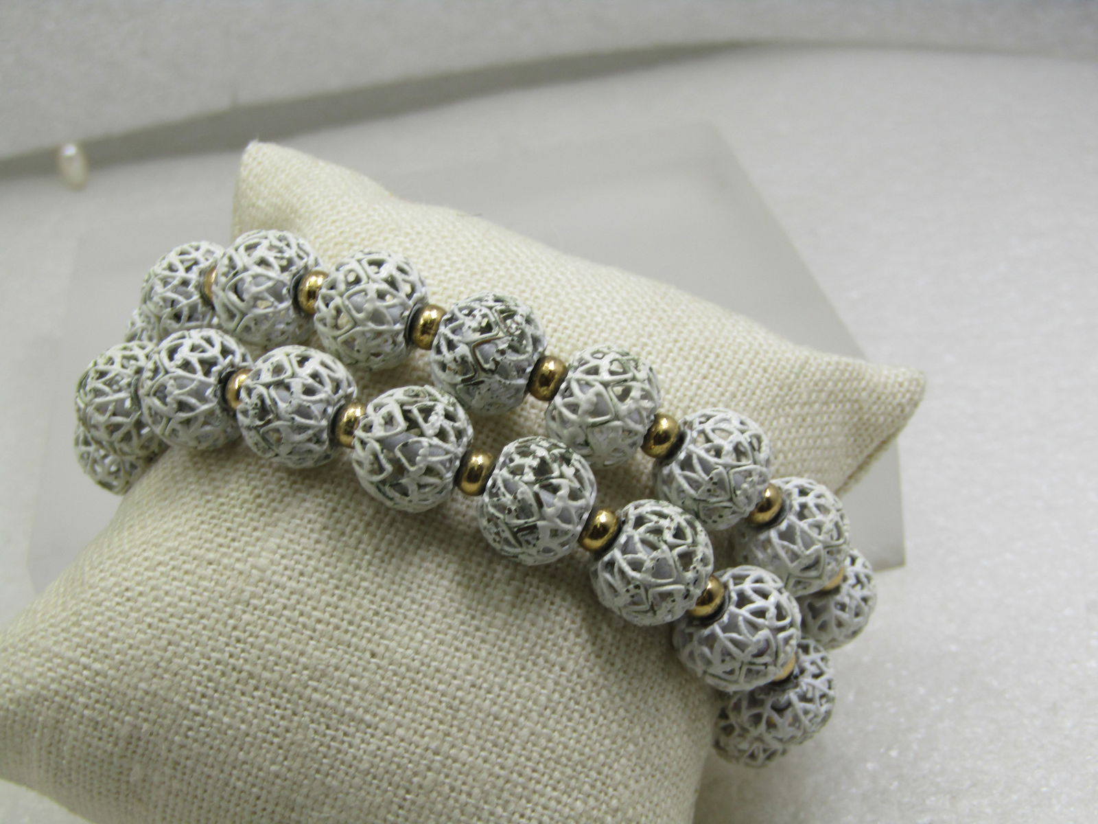 Vintage Monet White Filigree Bracelet, Beaded, Double Strand , 7.5", 1960's-1970's - 3