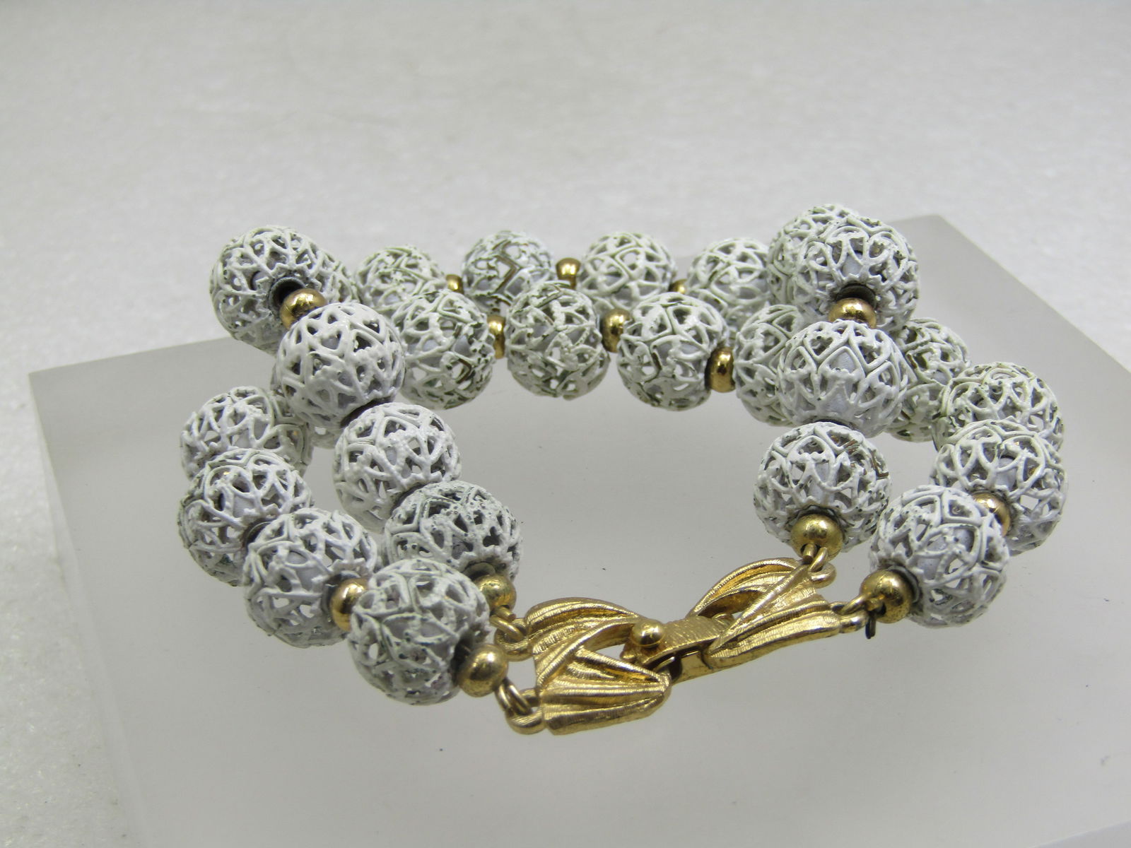Vintage Monet White Filigree Bracelet, Beaded, Double Strand , 7.5", 1960's-1970's - 4