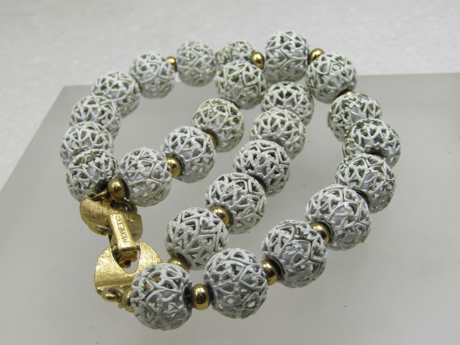 Vintage Monet White Filigree Bracelet, Beaded, Double Strand , 7.5", 1960's-1970's - 5