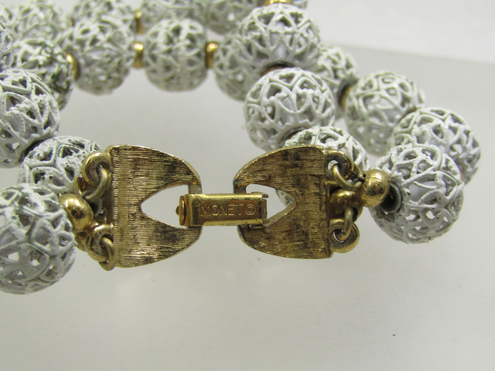 Vintage Monet White Filigree Bracelet, Beaded, Double Strand , 7.5", 1960's-1970's - 6
