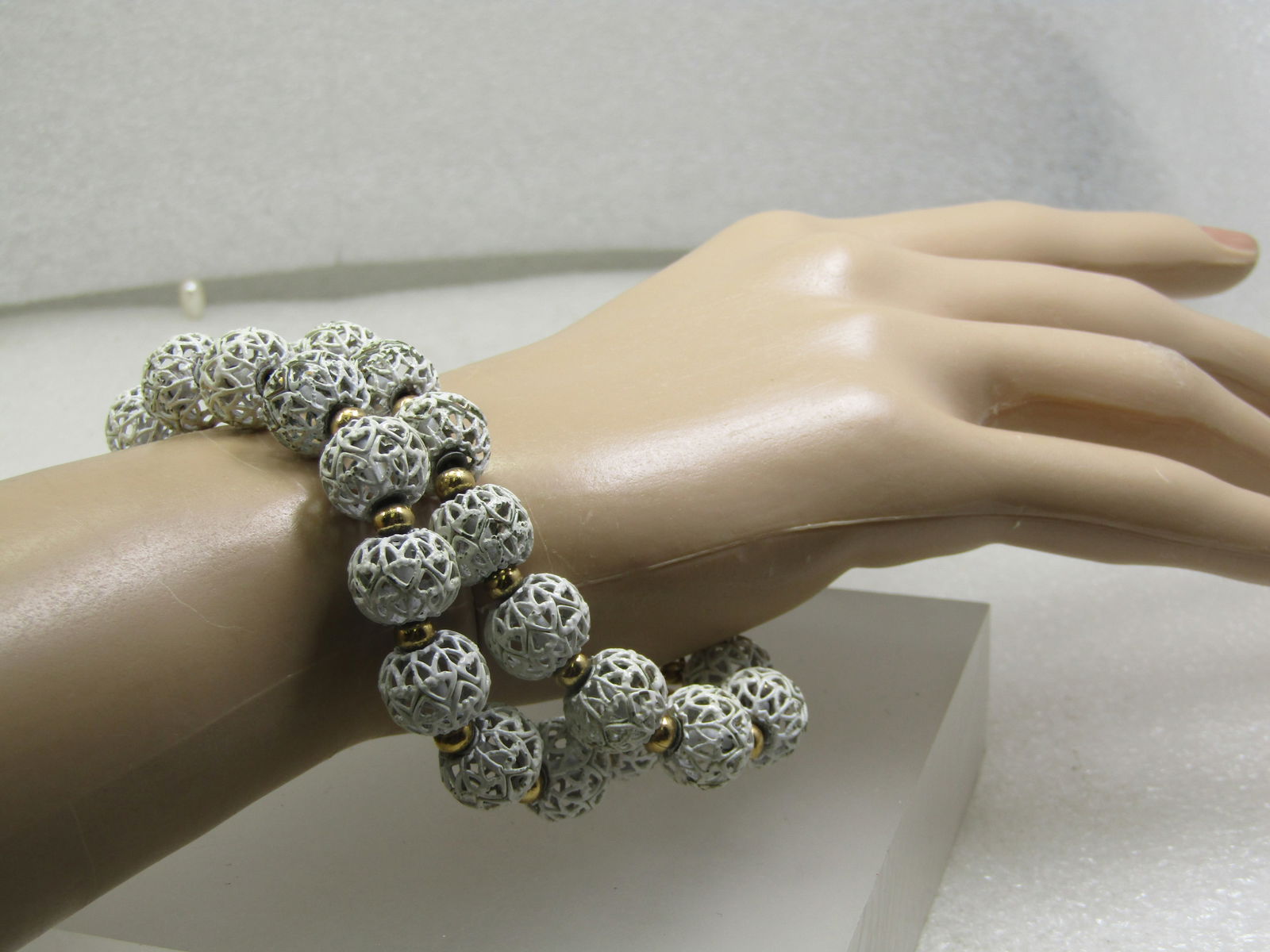 Vintage Monet White Filigree Bracelet, Beaded, Double Strand , 7.5", 1960's-1970's - 7