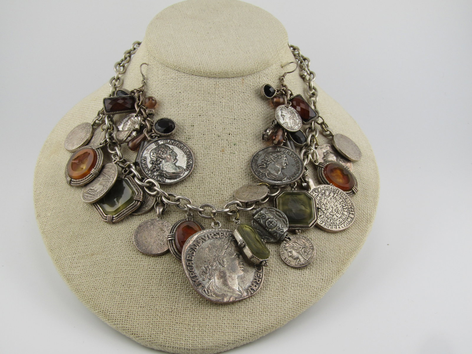 Vintage Faux Roman Coin and Cameo Necklace & Earrings, Chunky, 16"-19"1980's-1990's: Vintage Faux Roman Coin and Cameo Necklace & Earrings, Chunky, 16"-19"1980's-1990's. Silver Tone. Charm style necklace with a mix of thicker and thinner coins a well as different widths and the same