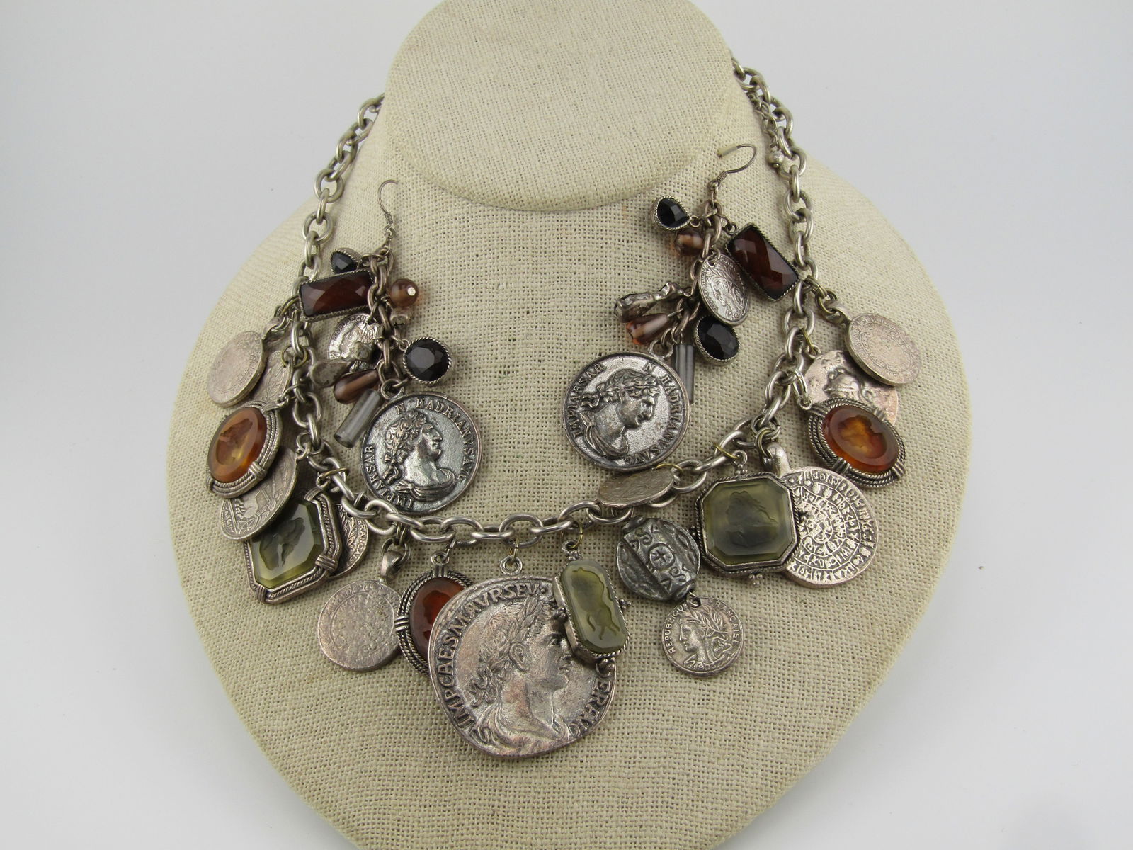Vintage Faux Roman Coin and Cameo Necklace & Earrings, Chunky, 16"-19"1980's-1990's - 3