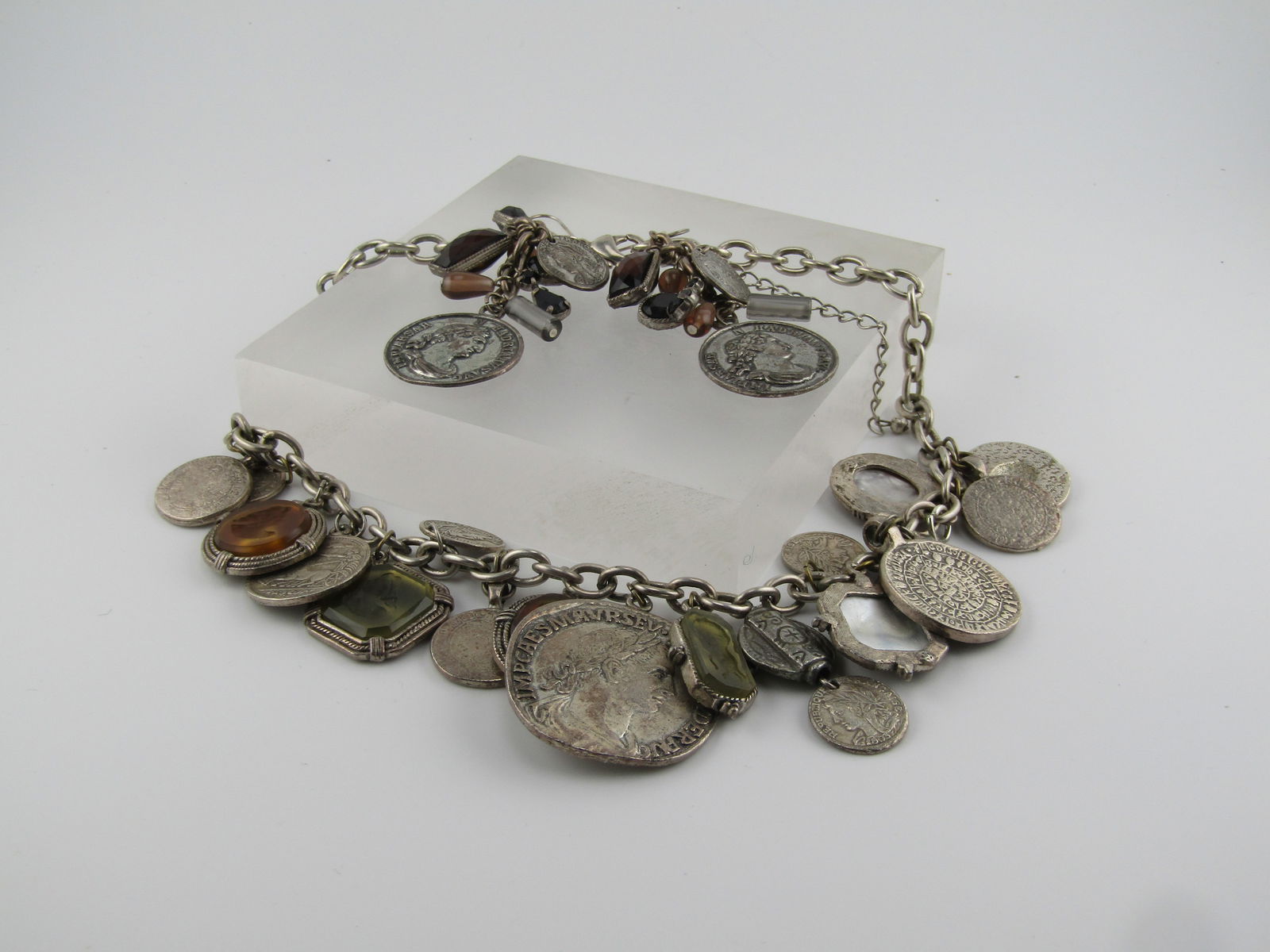 Vintage Faux Roman Coin and Cameo Necklace & Earrings, Chunky, 16"-19"1980's-1990's - 4