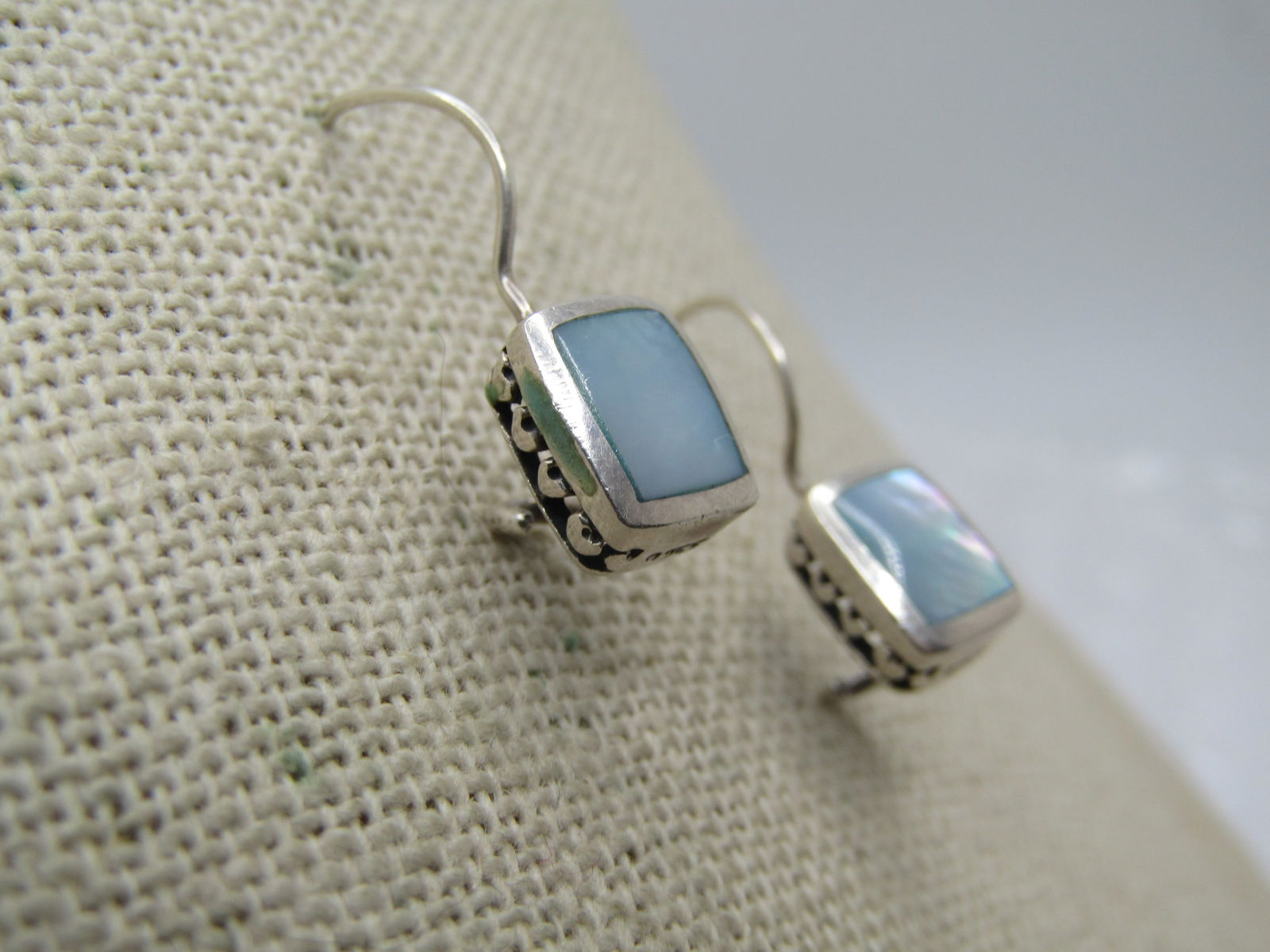 Sterling Silver Blue MOP Earings, Heart Accents, 1990's - 2