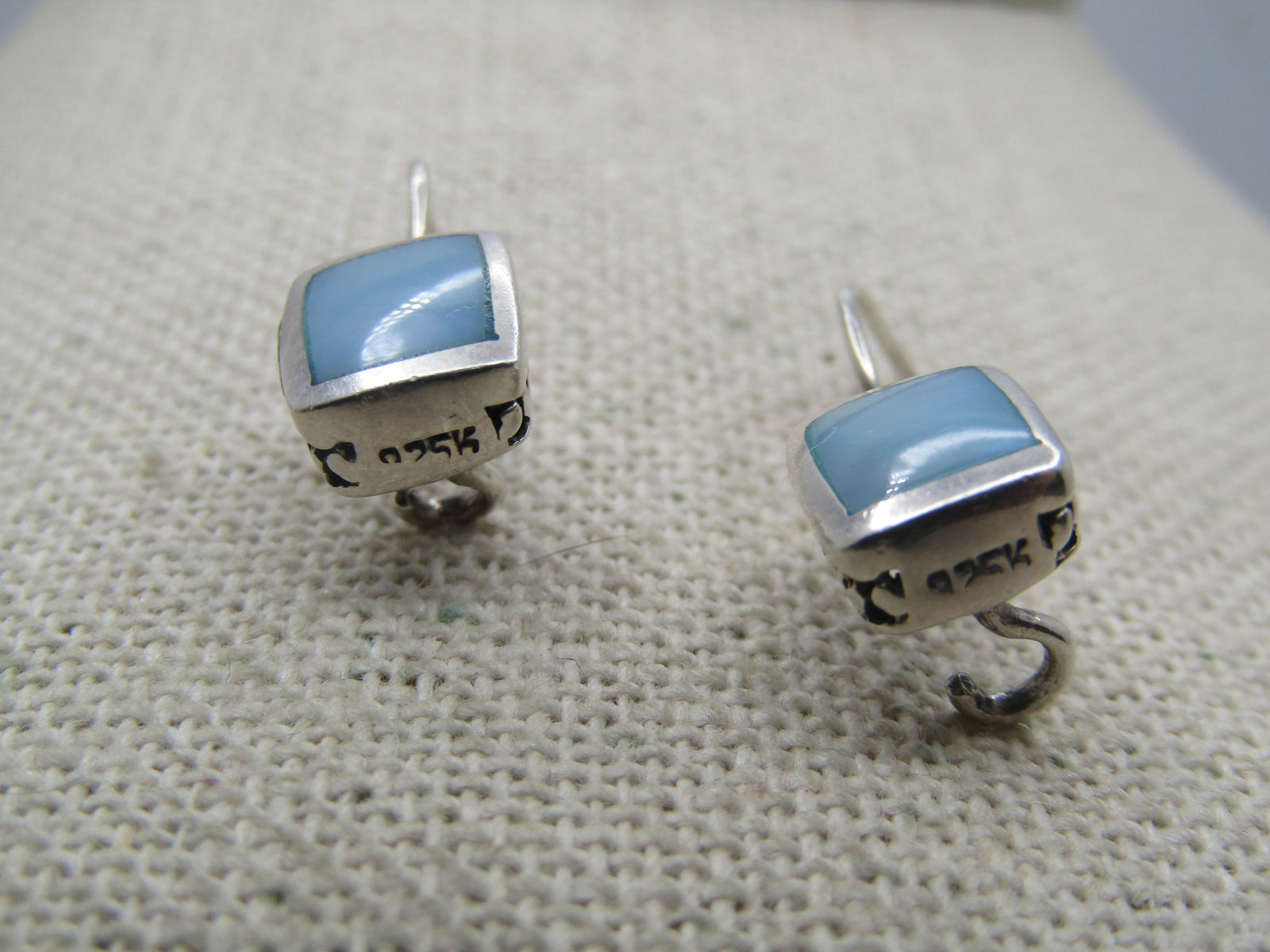 Sterling Silver Blue MOP Earings, Heart Accents, 1990's - 3