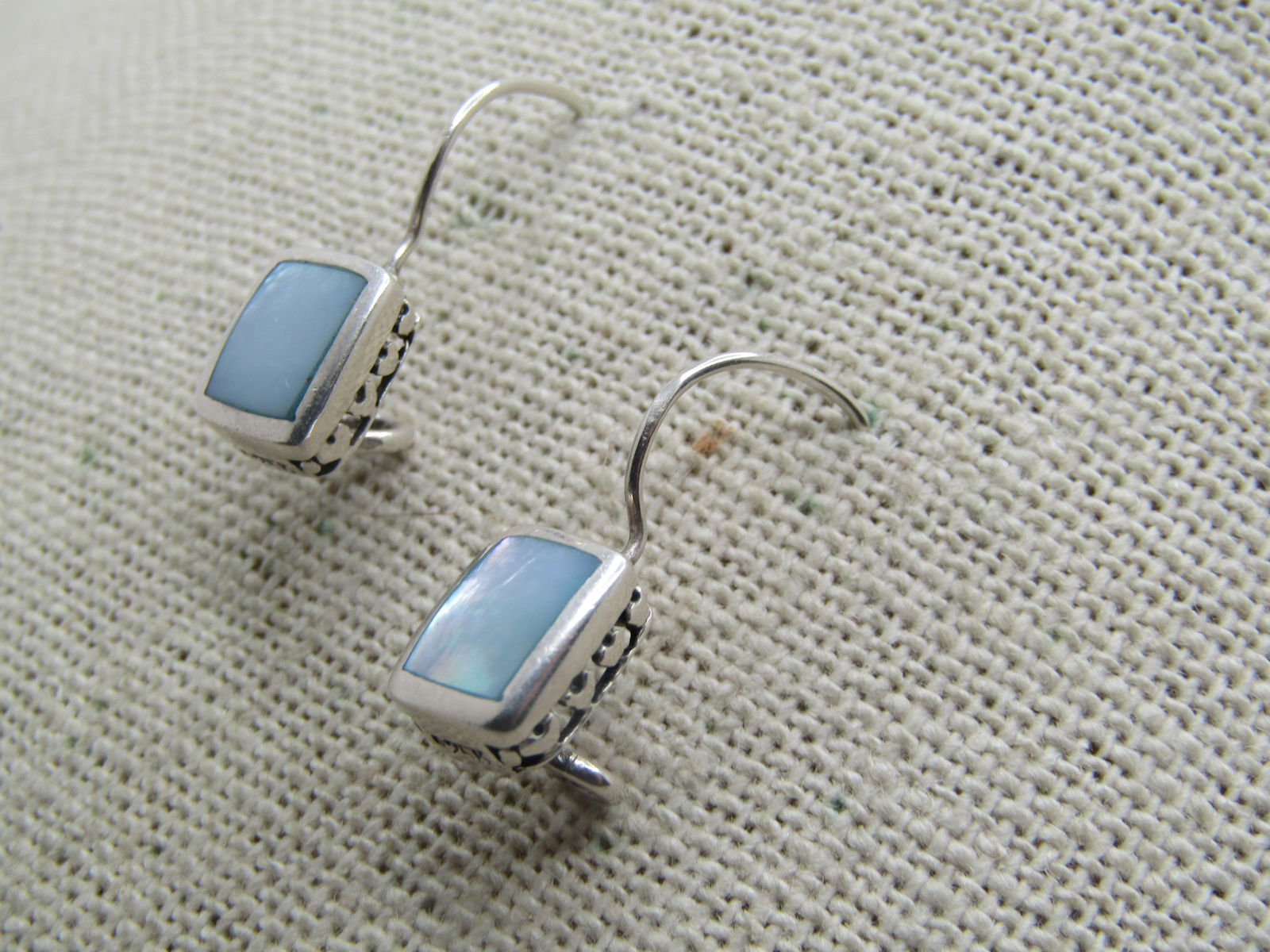 Sterling Silver Blue MOP Earings, Heart Accents, 1990's - 4