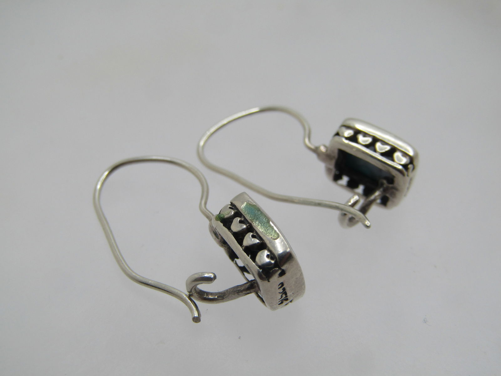 Sterling Silver Blue MOP Earings, Heart Accents, 1990's - 5