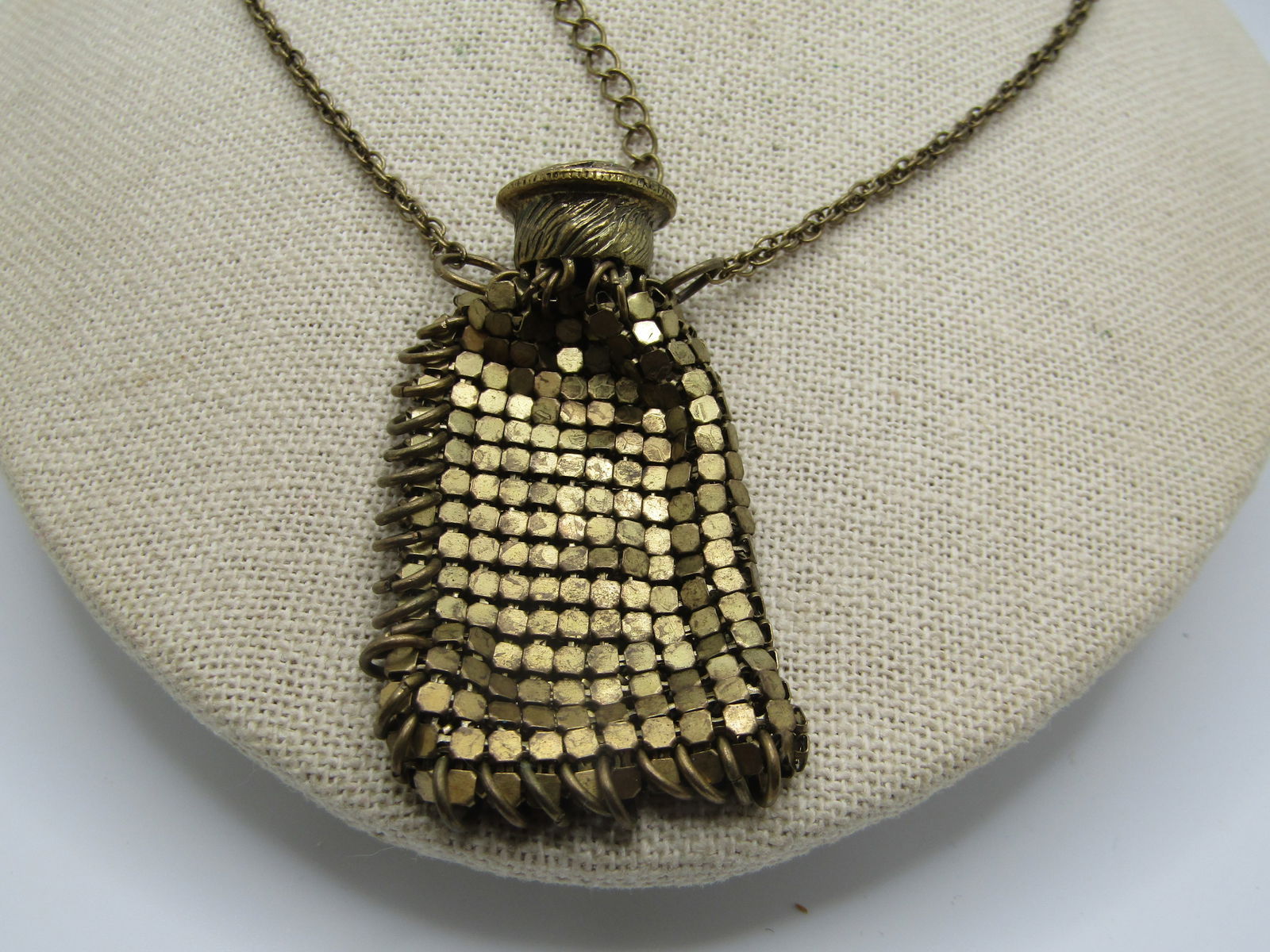 Vintage Brassy Mesh Pouch Pendant Necklace, 35", 1980's - 2