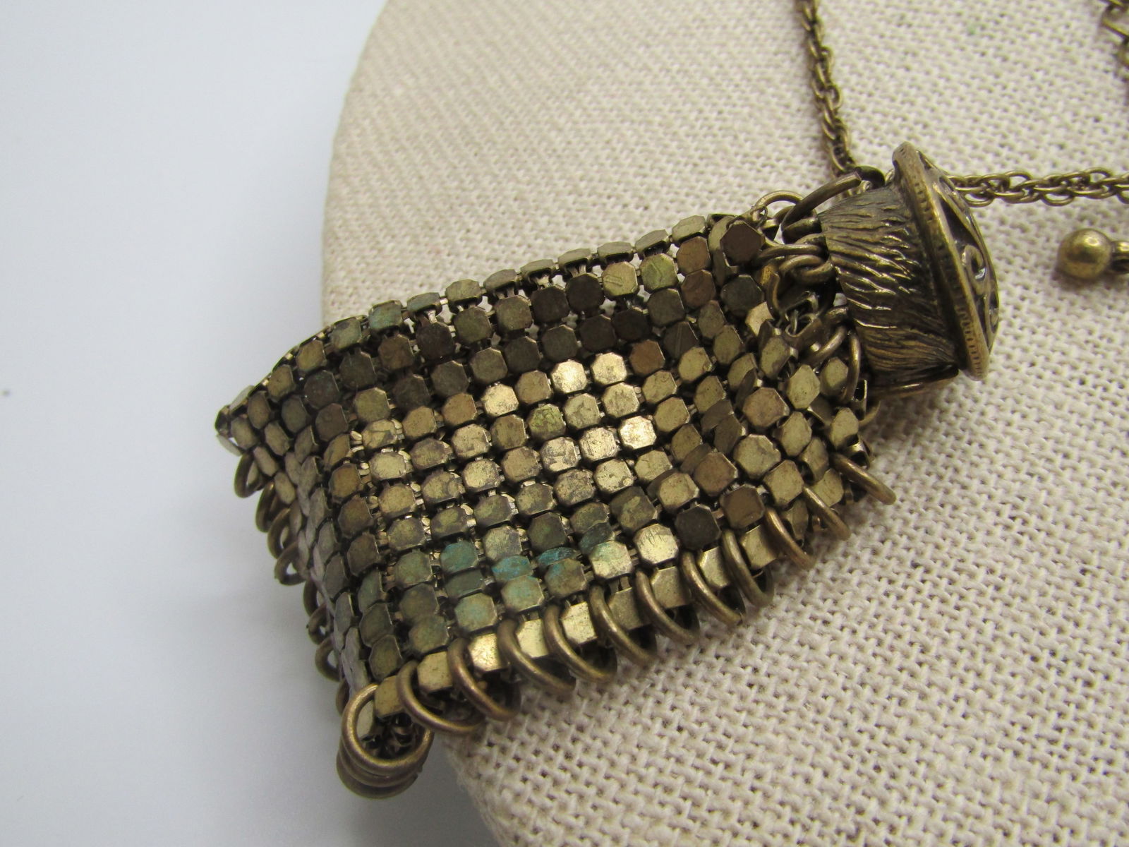 Vintage Brassy Mesh Pouch Pendant Necklace, 35", 1980's - 4