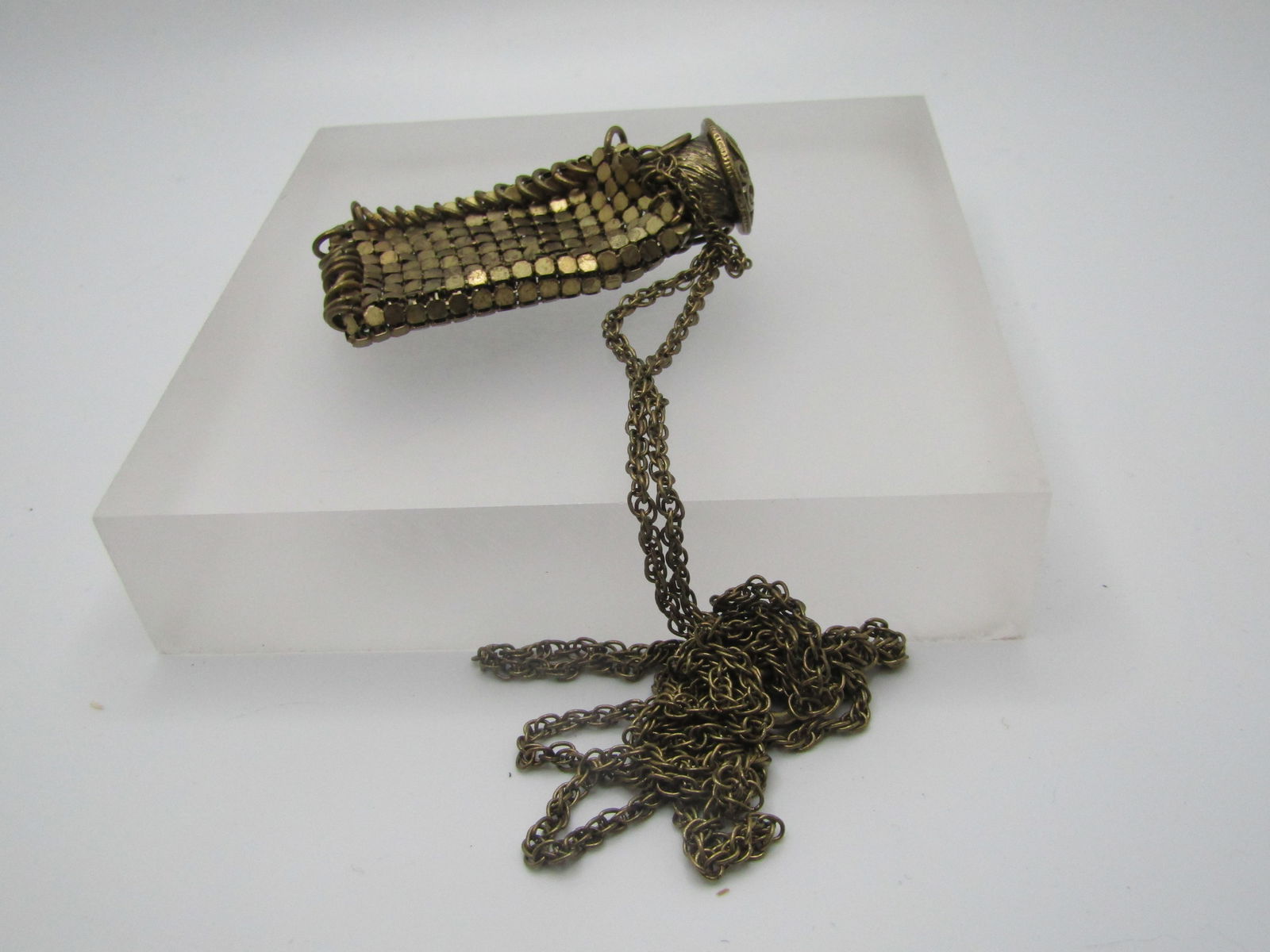 Vintage Brassy Mesh Pouch Pendant Necklace, 35", 1980's - 6